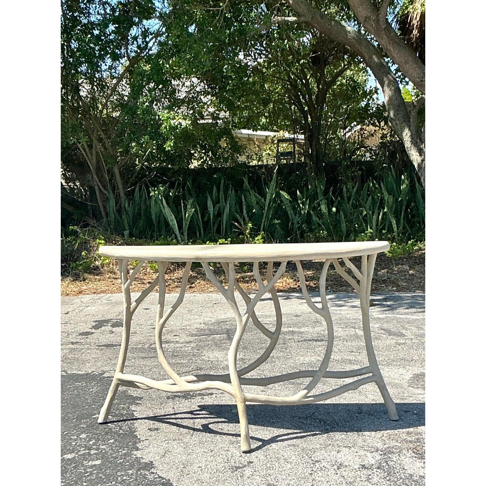 Vintage Boho Currey and Company Faux Bois Cement Console Table For Sale 5