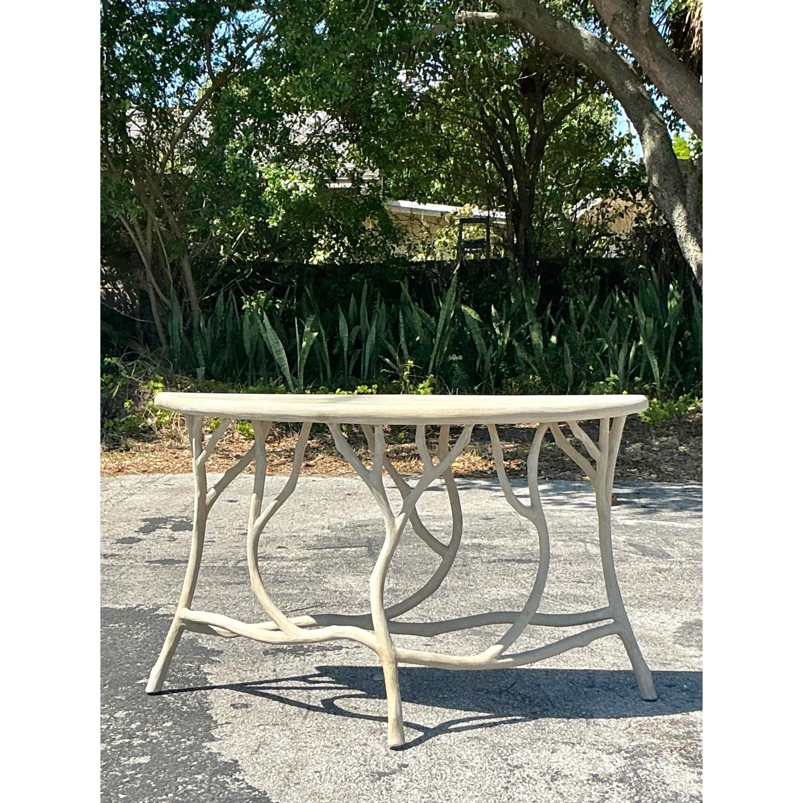Rustic Vintage Boho Currey and Company Faux Bois Cement Console Table For Sale