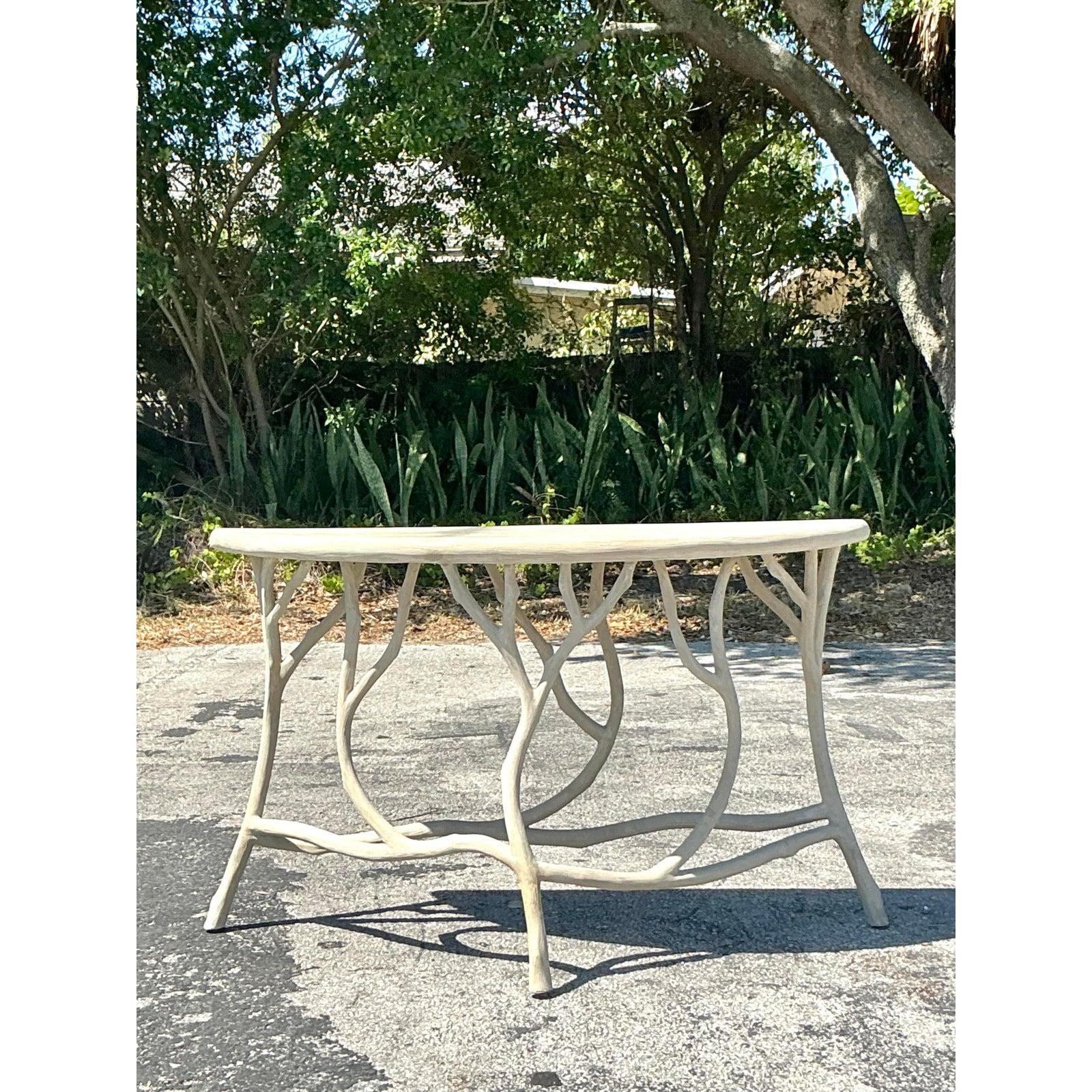Philippine Vintage Boho Currey and Company Faux Bois Cement Console Table For Sale