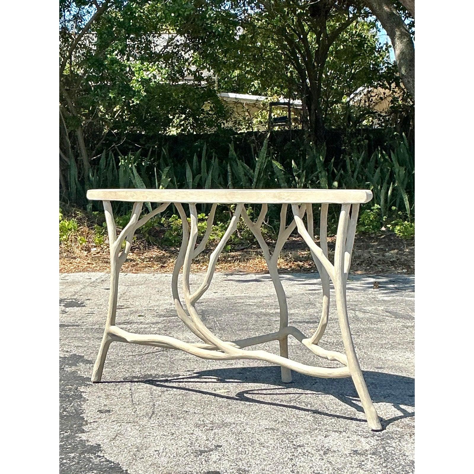 Vintage Boho Currey and Company Faux Bois Cement Console Table In Good Condition For Sale In west palm beach, FL