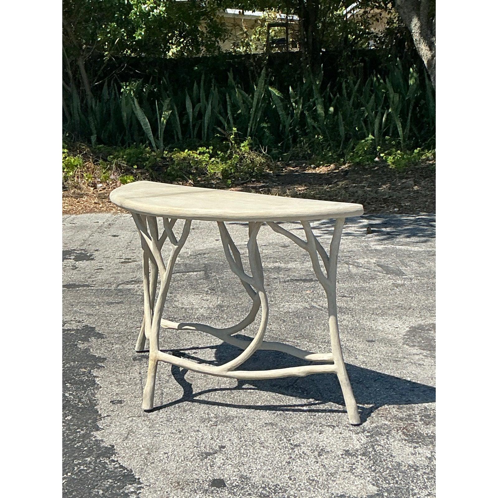 Concrete Vintage Boho Currey and Company Faux Bois Cement Console Table For Sale