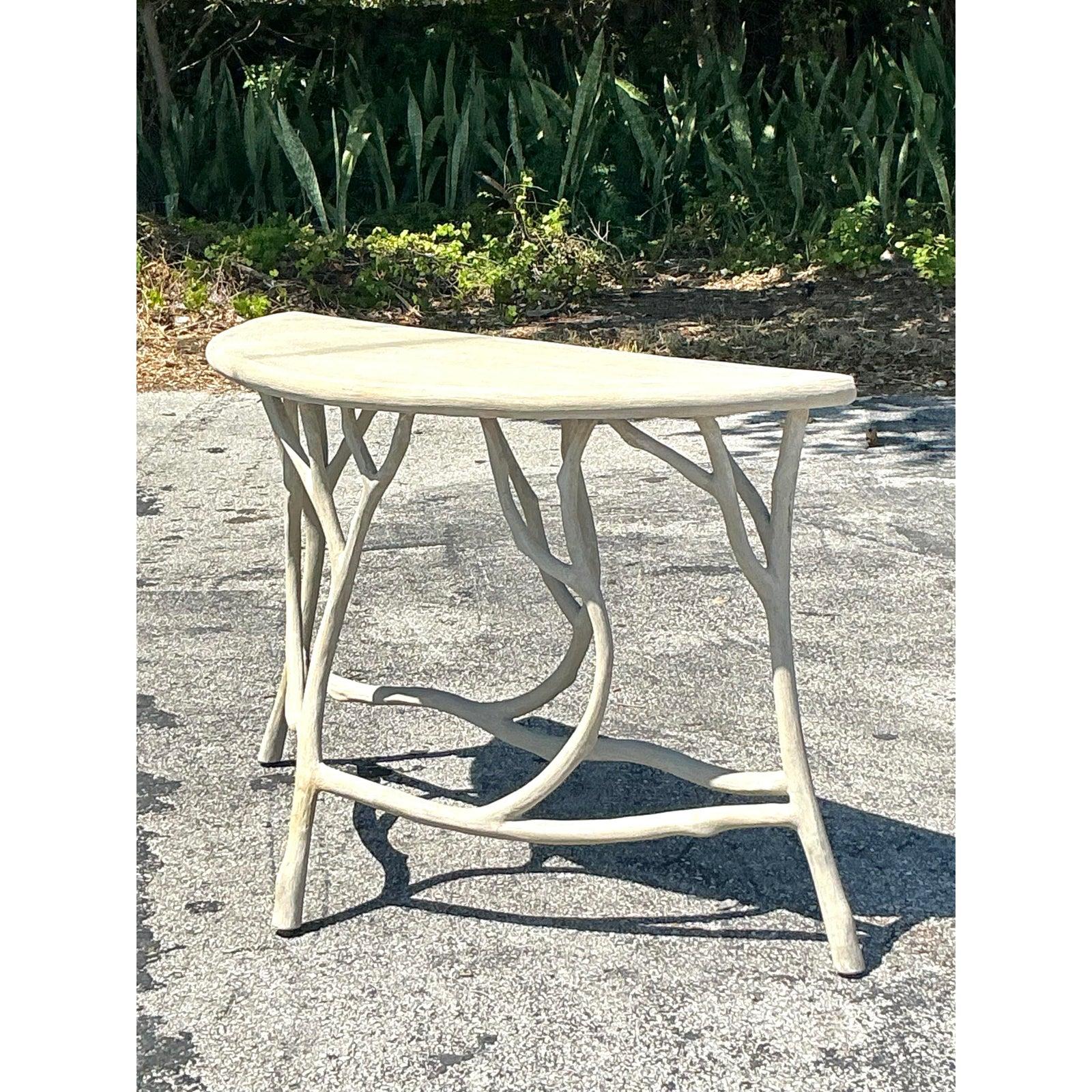 Vintage Boho Currey and Company Faux Bois Cement Console Table For Sale 1