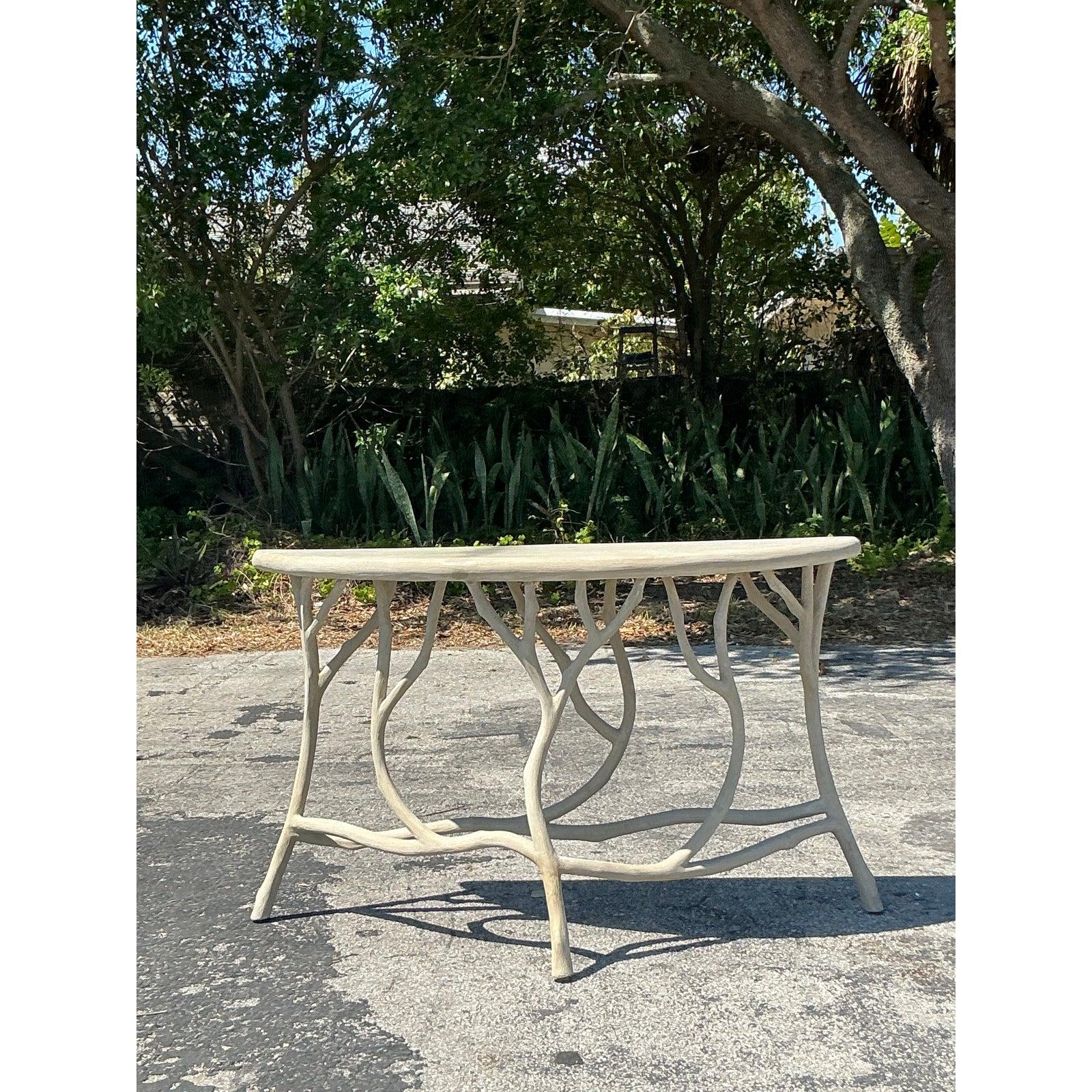 Vintage Boho Currey and Company Faux Bois Cement Console Table For Sale 2