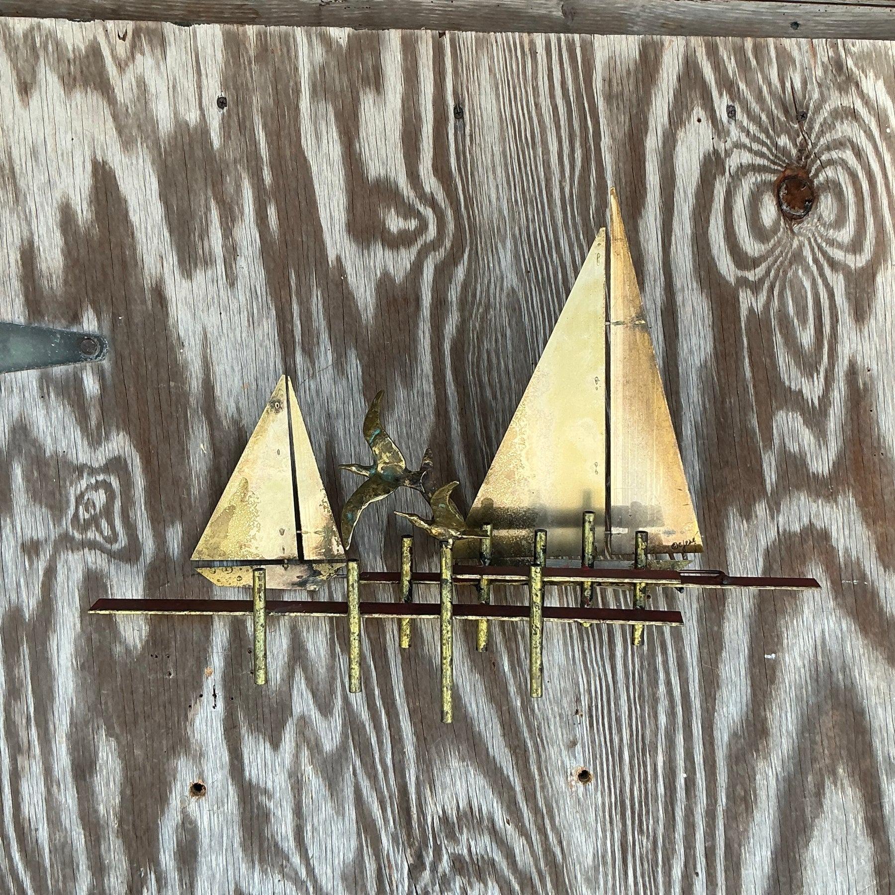 American Vintage Boho Curtis Jere Sailboat Wall Sculpture For Sale