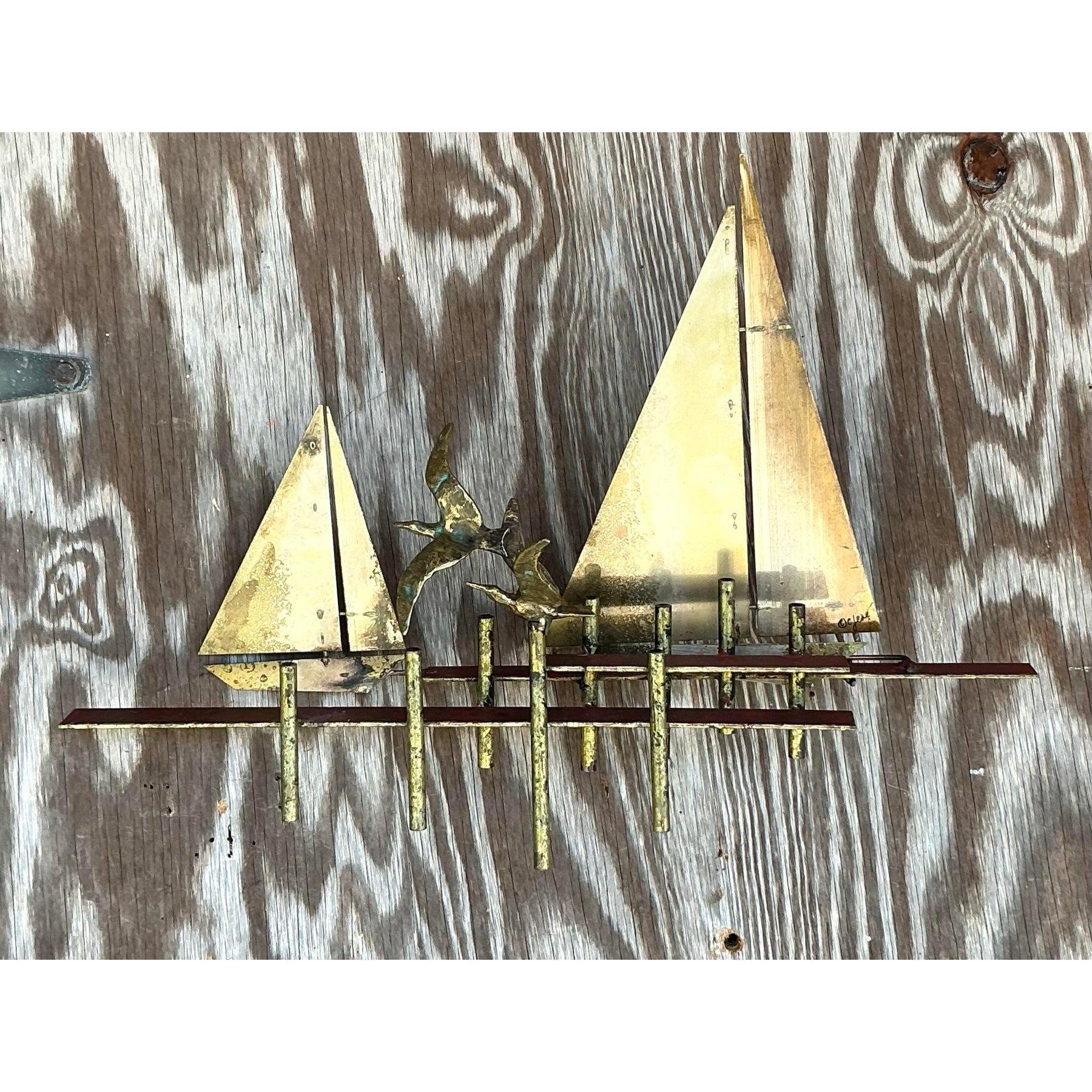 Vintage Boho Curtis Jere Sailboat Wall Sculpture In Good Condition For Sale In west palm beach, FL