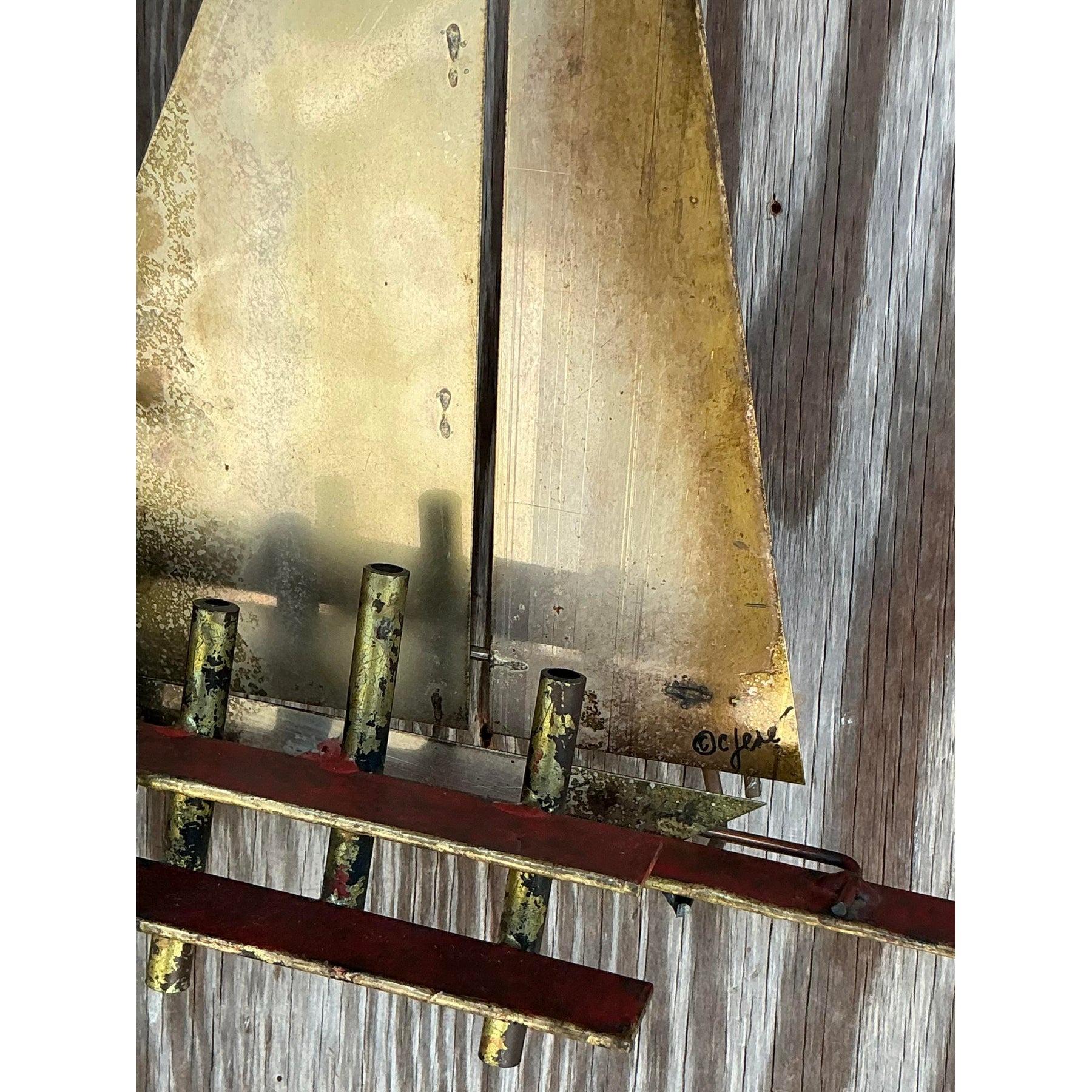 Brass Vintage Boho Curtis Jere Sailboat Wall Sculpture For Sale