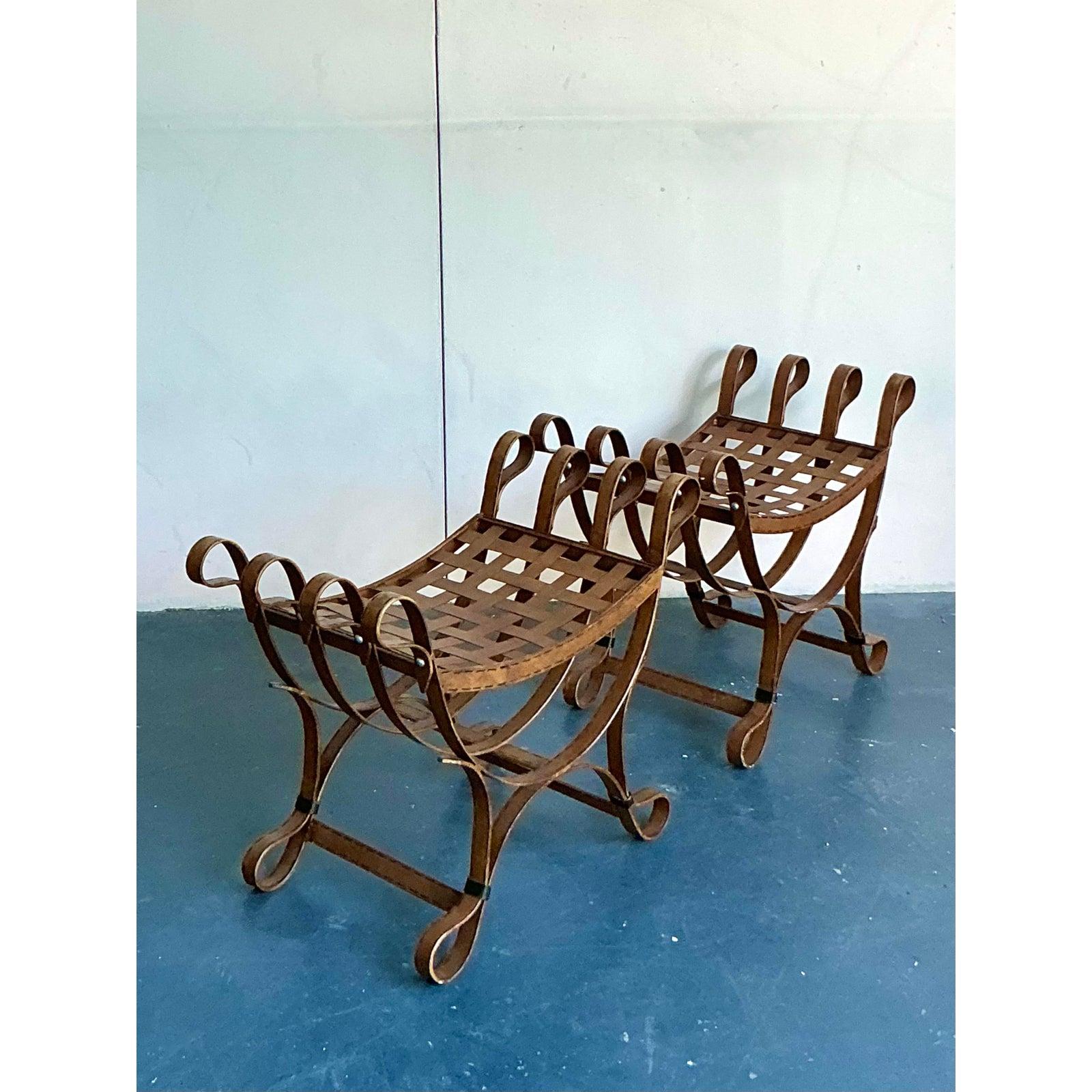 Evoke the timeless elegance of ancient Rome and Spanish villas with this exceptional pair of patinated metal stools. Crafted in the iconic 