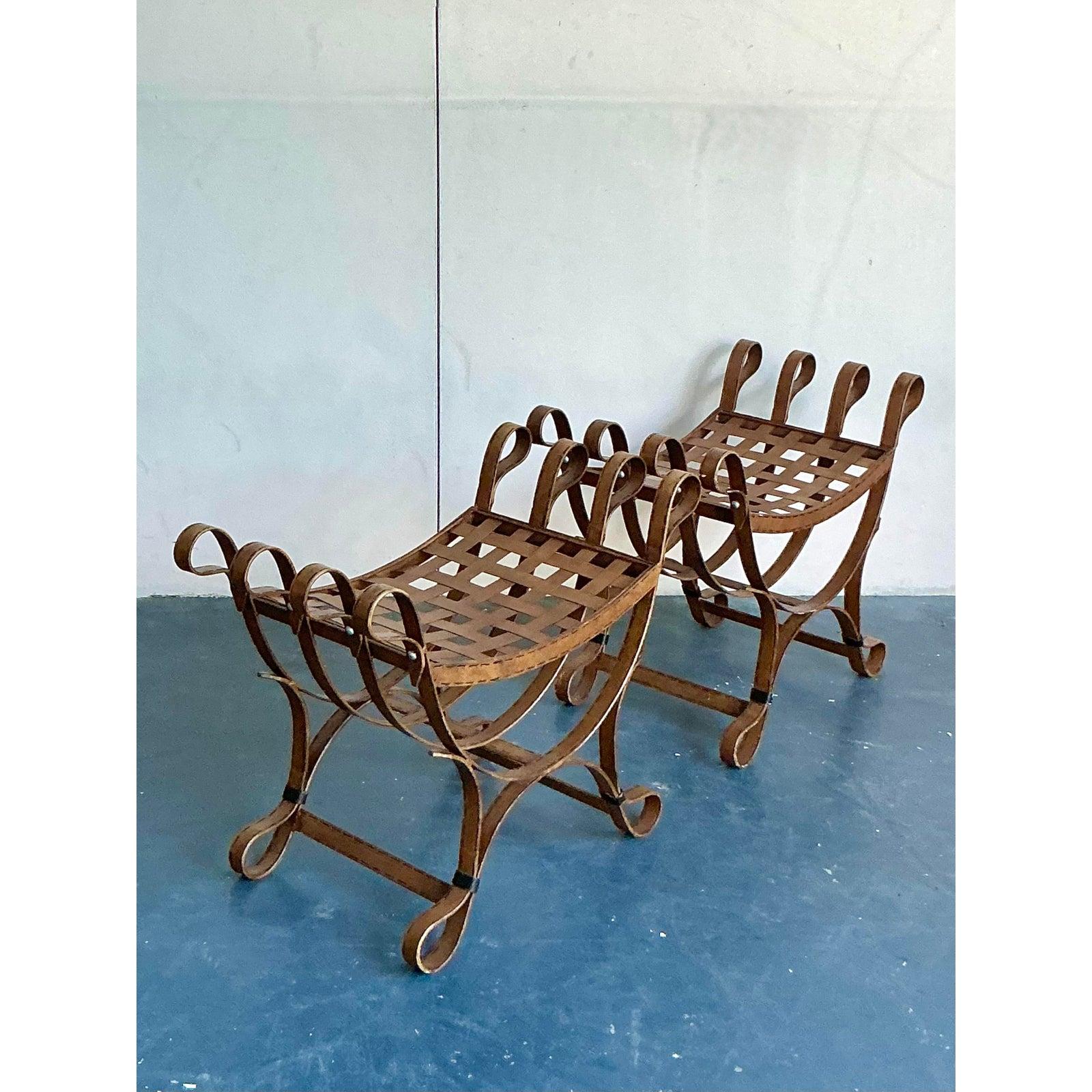 Industrial Vintage Boho Curule Patinated Metal Stools - A Pair For Sale
