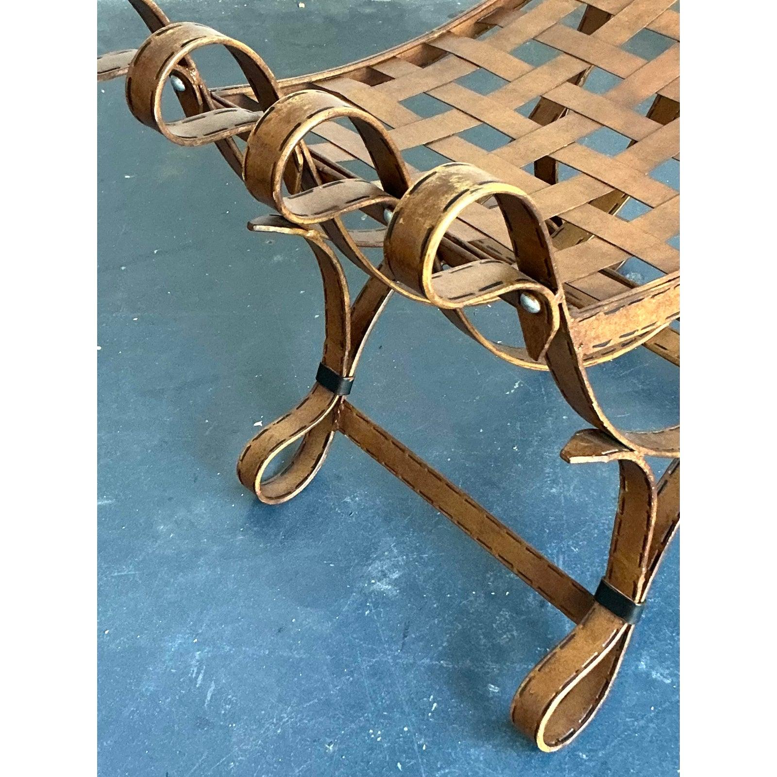 Vintage Boho Curule Patinated Metal Stools - A Pair In Good Condition For Sale In West Palm Beach, FL