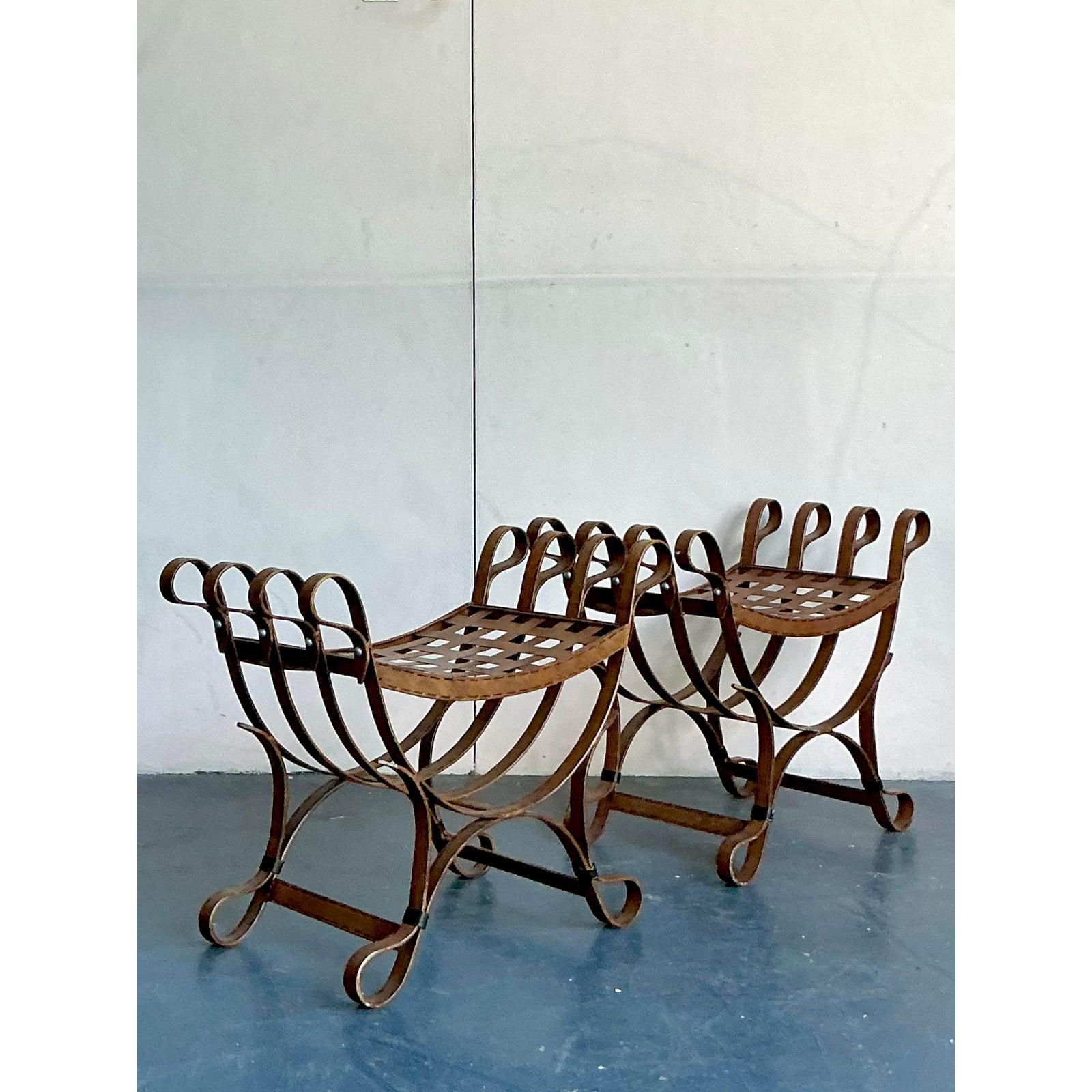 20th Century Vintage Boho Curule Patinated Metal Stools - A Pair For Sale