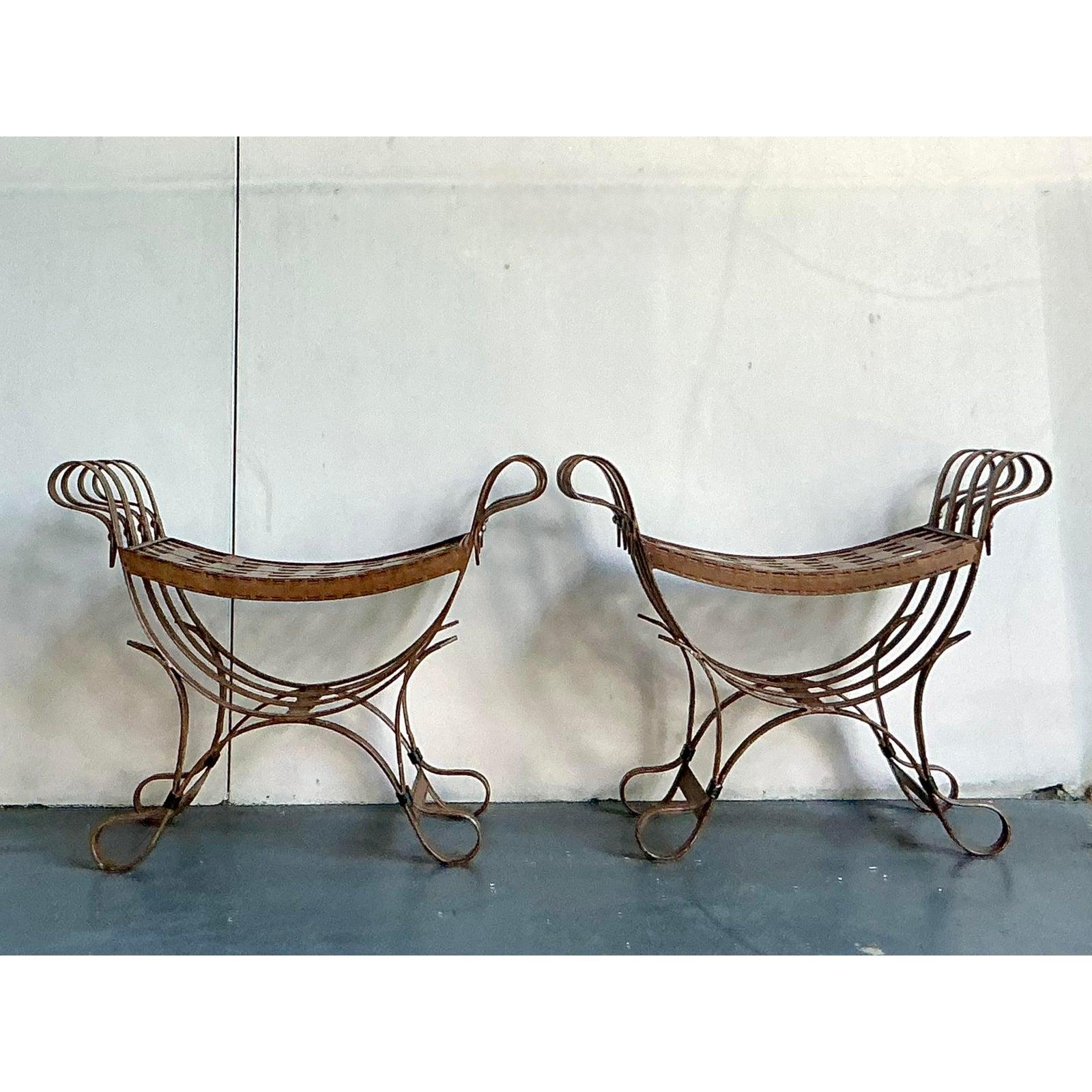 Iron Vintage Boho Curule Patinated Metal Stools - A Pair For Sale