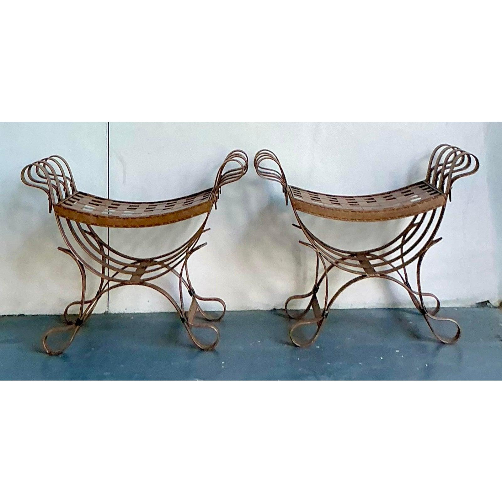 Vintage Boho Curule Patinated Metal Stools - A Pair For Sale 1