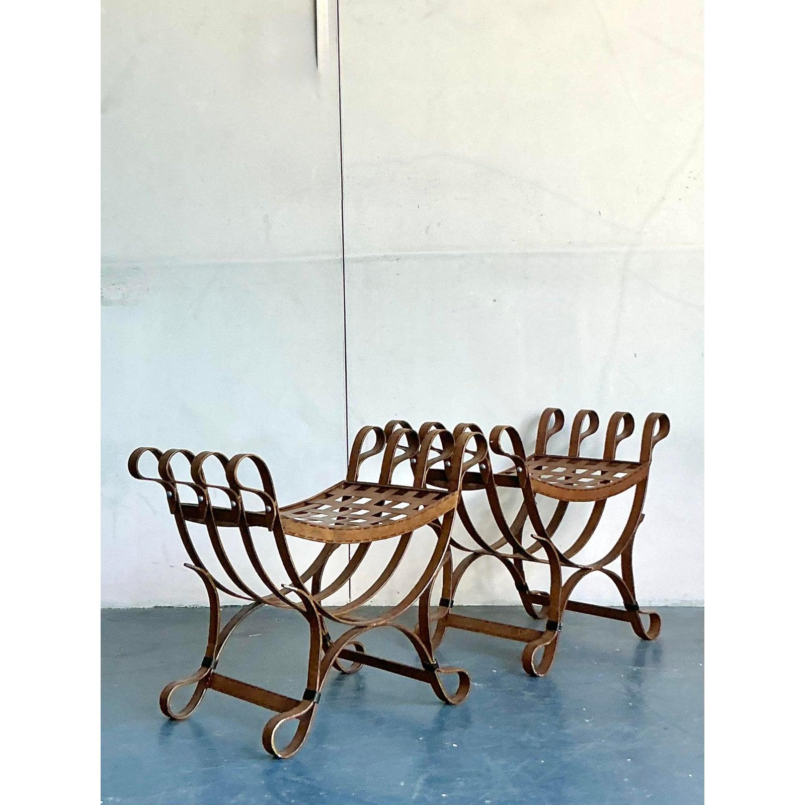 Vintage Boho Curule Patinated Metal Stools - A Pair For Sale 2