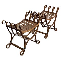 Vintage Boho Curule Patinated Metal Stools - A Pair