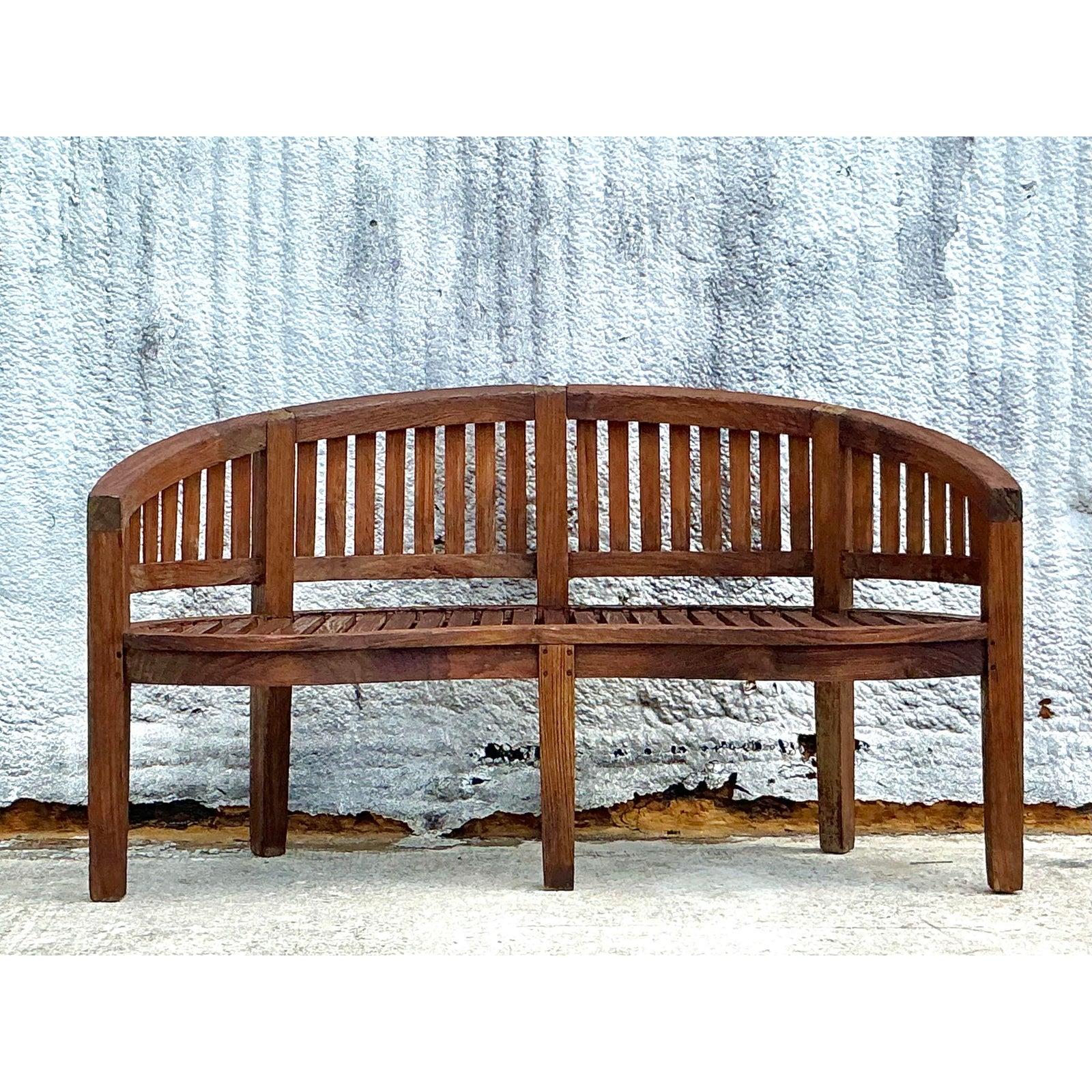 Philippine Vintage Boho Curved Teak Bench For Sale
