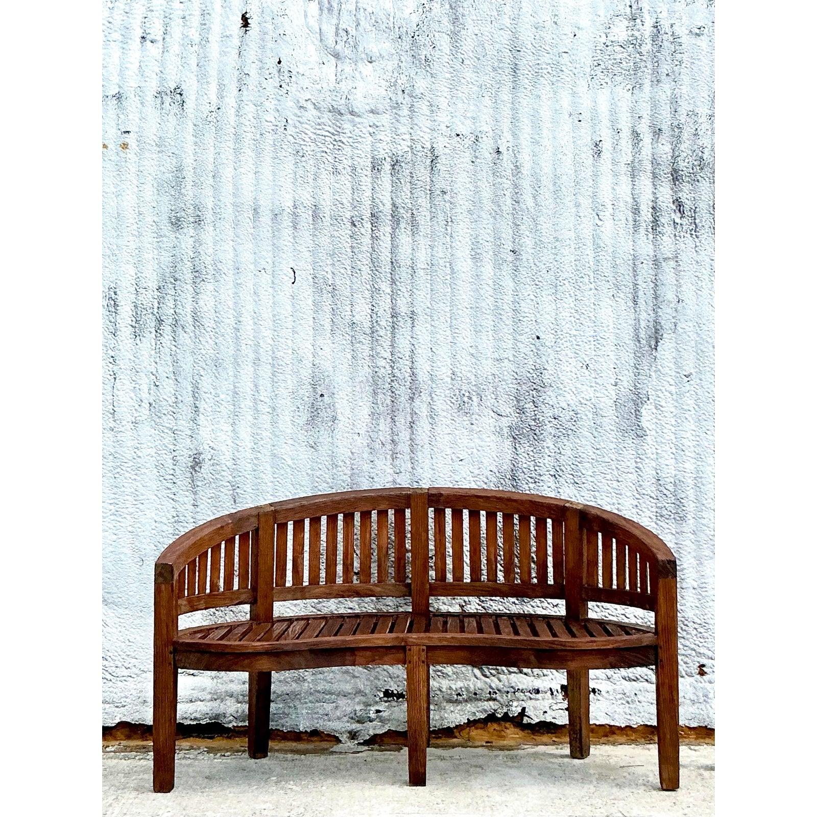 Vintage Boho Curved Teak Bench In Good Condition For Sale In west palm beach, FL