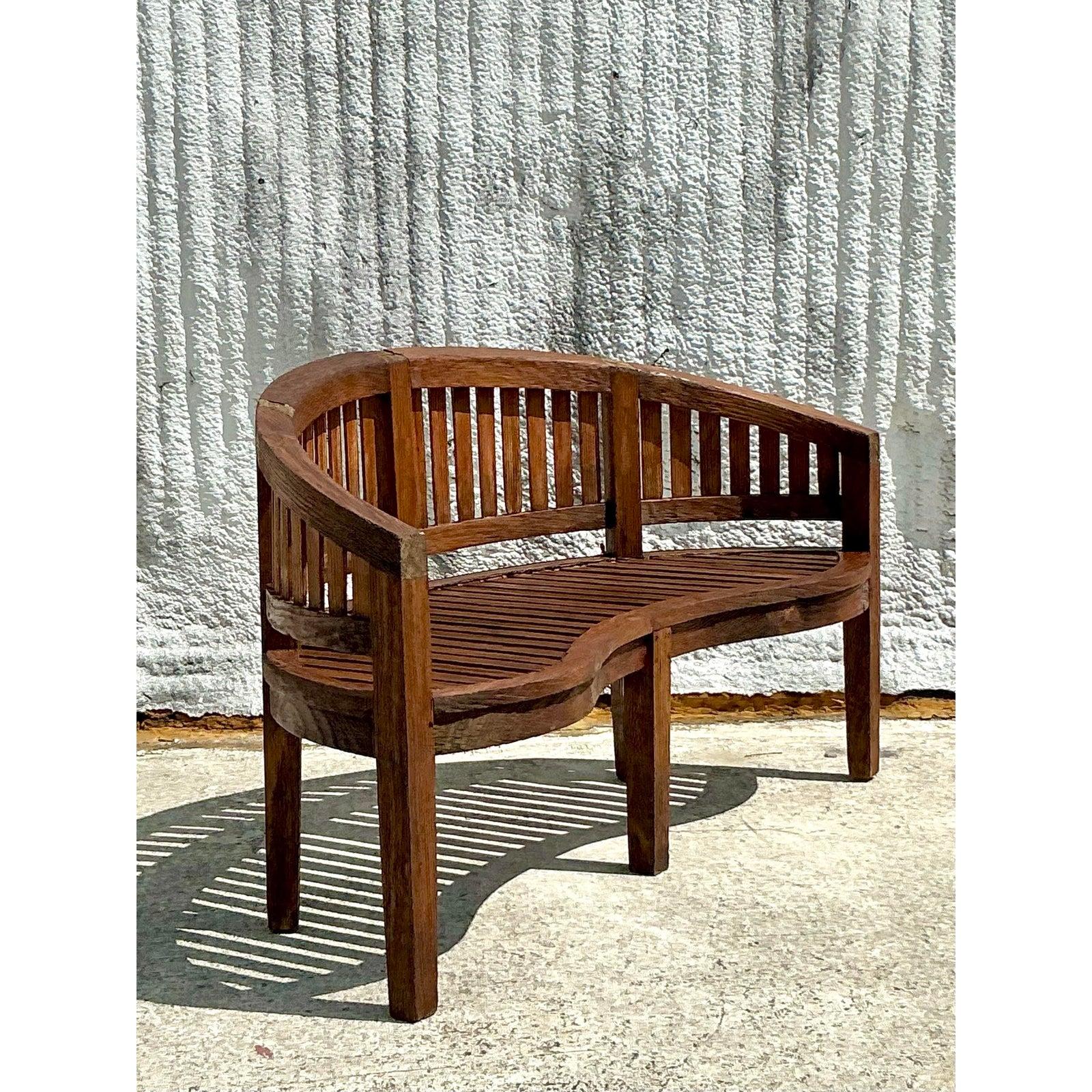 20th Century Vintage Boho Curved Teak Bench For Sale