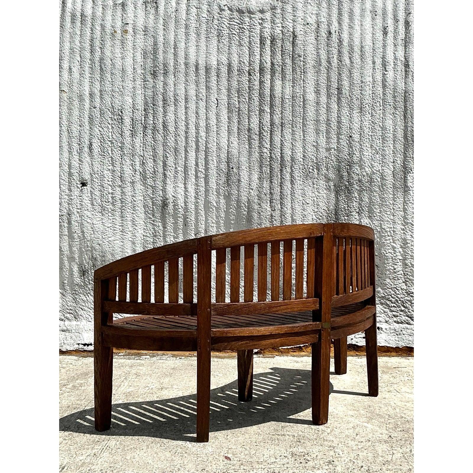 Vintage Boho Curved Teak Bench For Sale 1