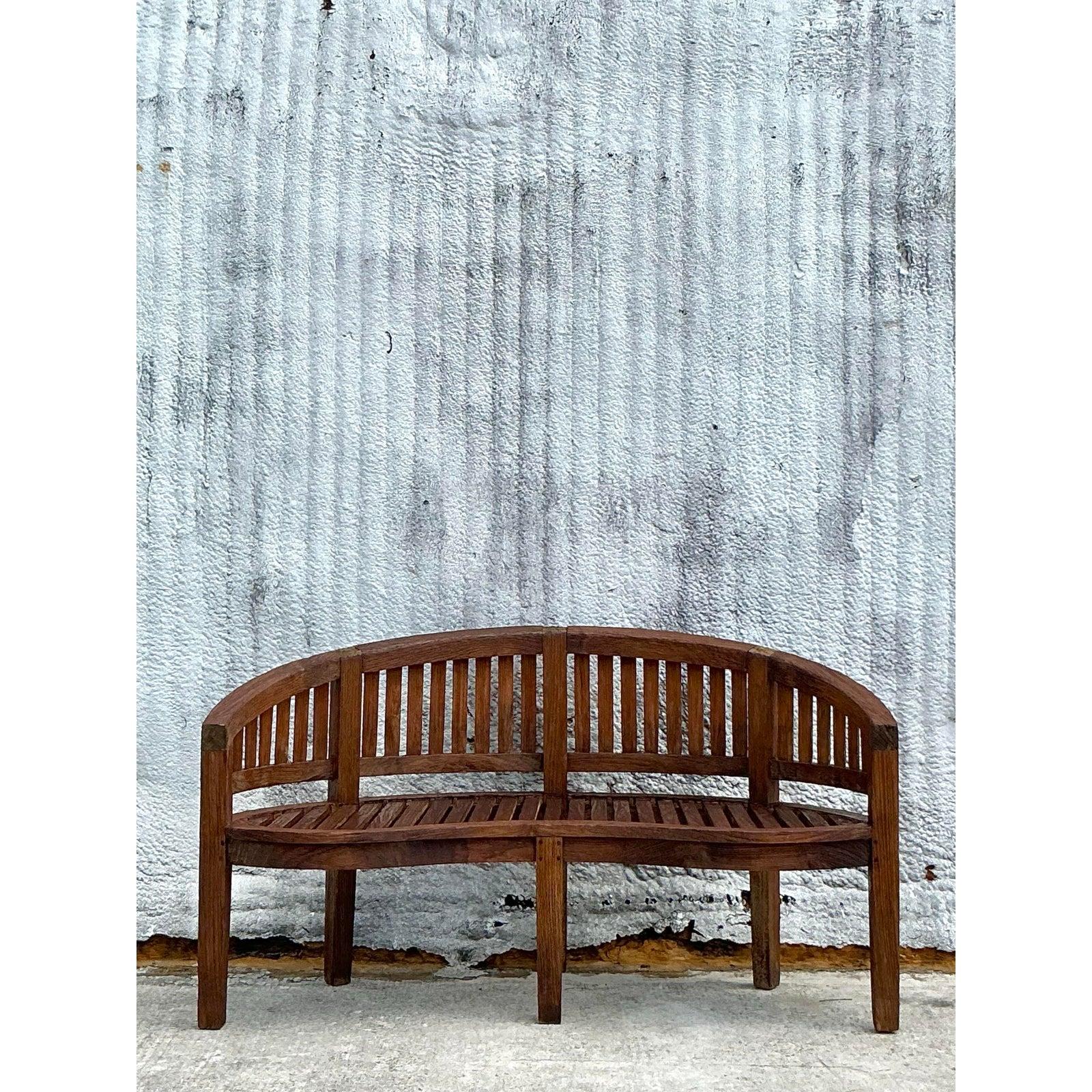 Vintage Boho Curved Teak Bench For Sale 3