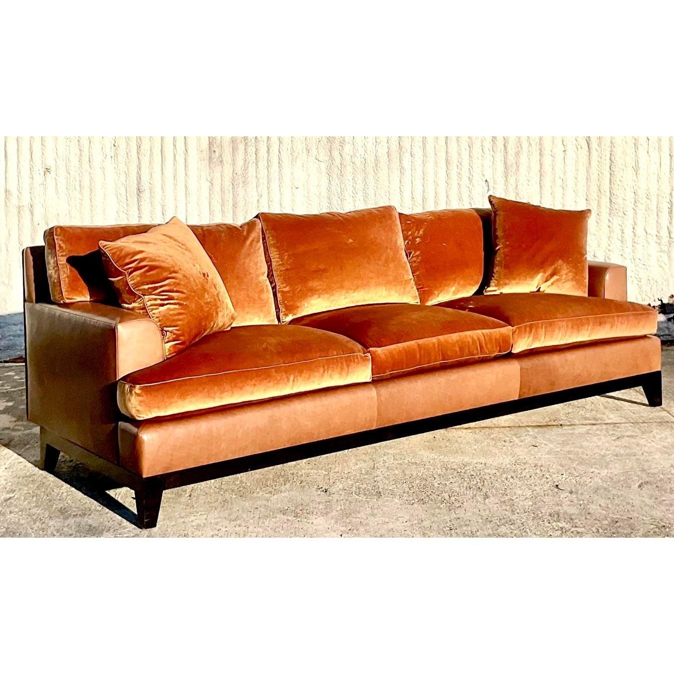 Vintage Boho Custom Built Leather and Velvet Sofa For Sale at 1stDibs