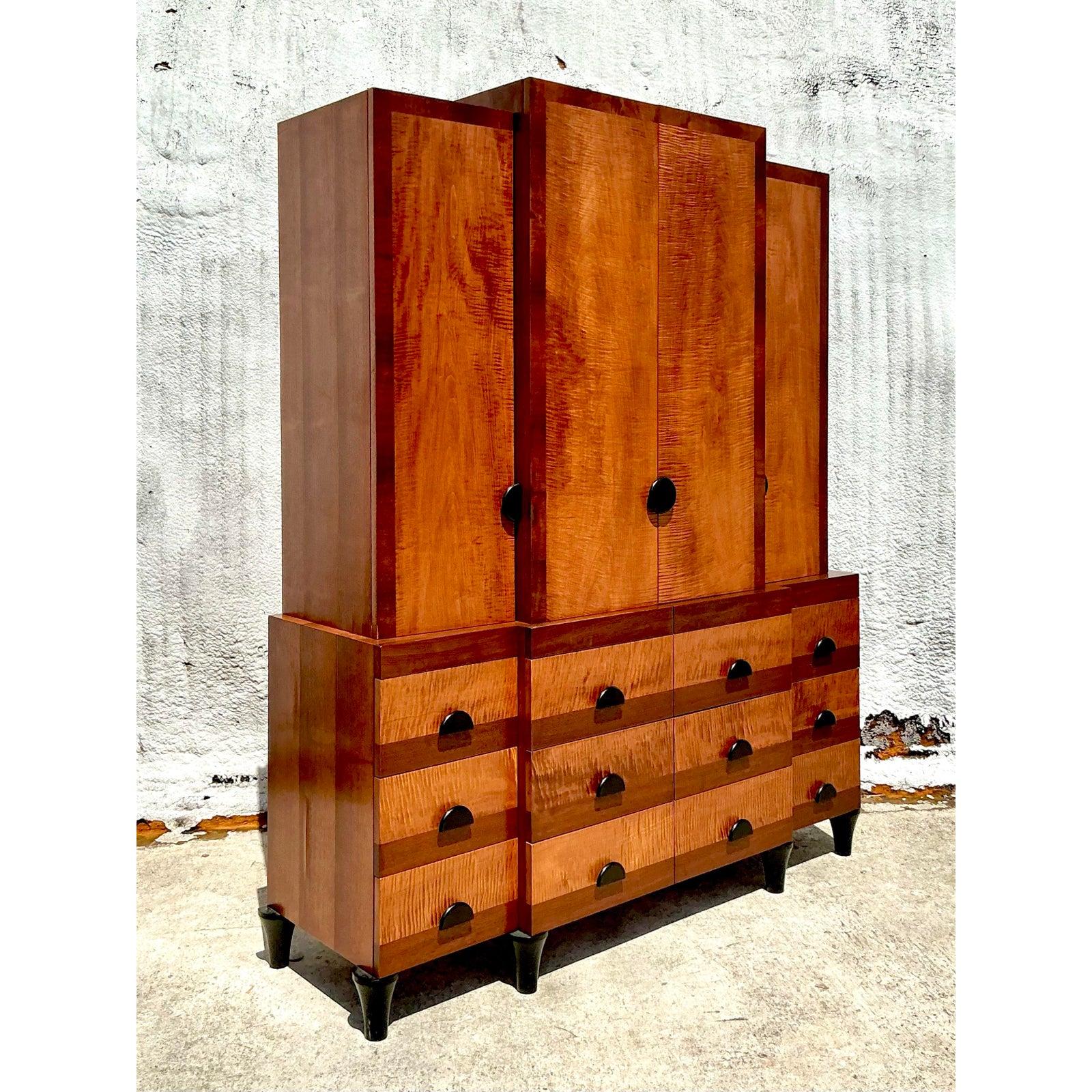 Mid-Century Modern Vintage Boho Custom Burl Cabinet For Sale