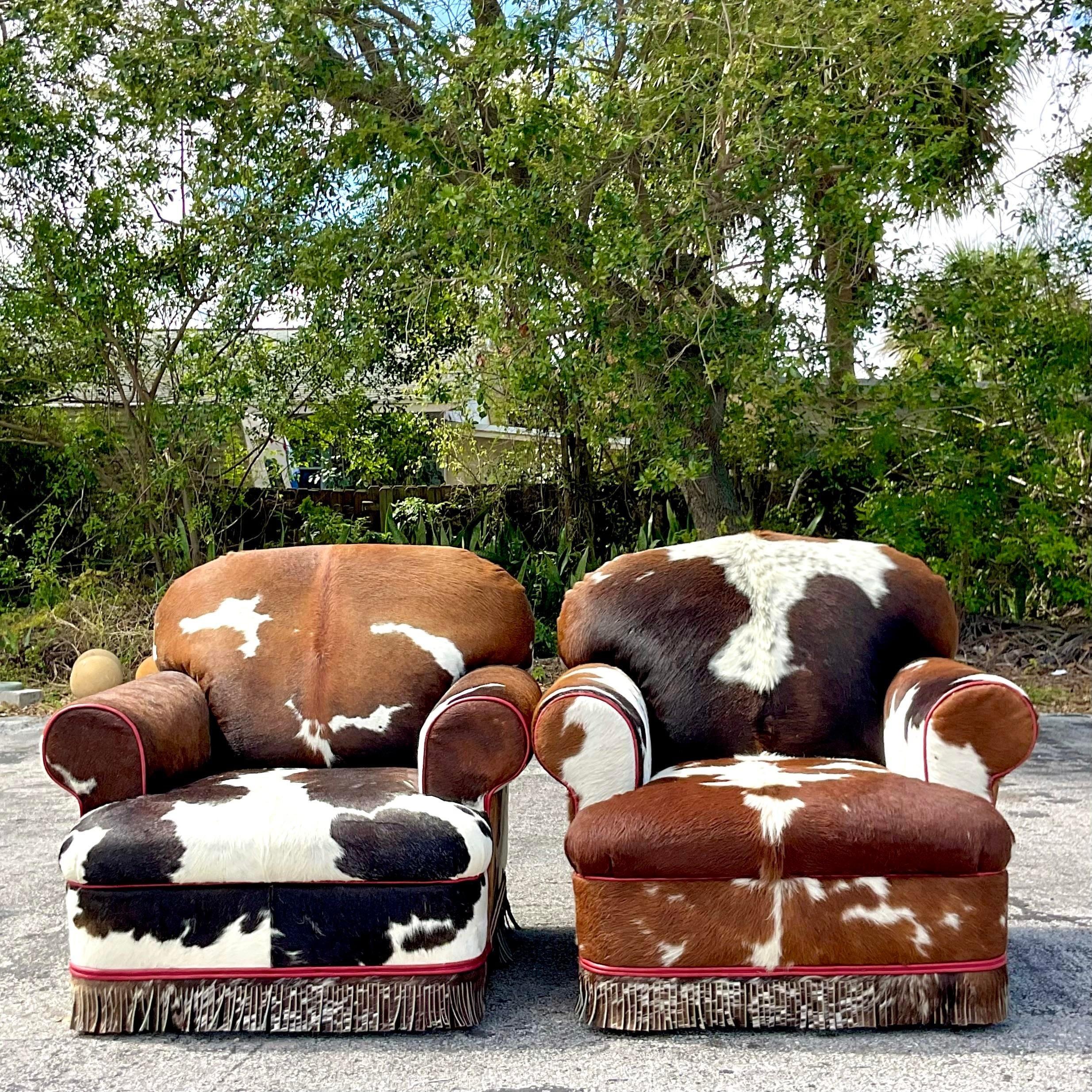 Post-Modern Vintage Boho Custom Cowhide Lounge Chairs - a Pair For Sale
