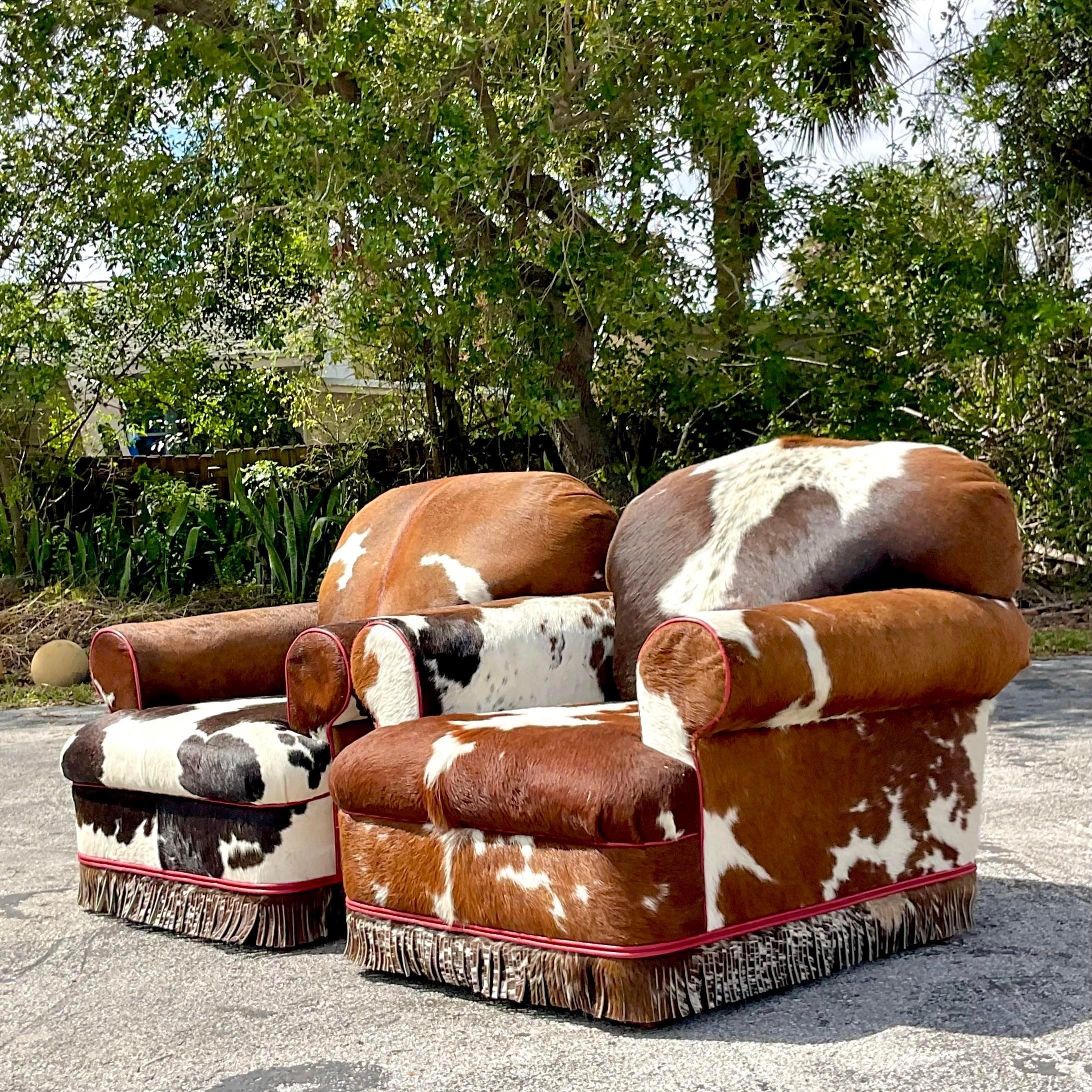 American Vintage Boho Custom Cowhide Lounge Chairs - a Pair For Sale