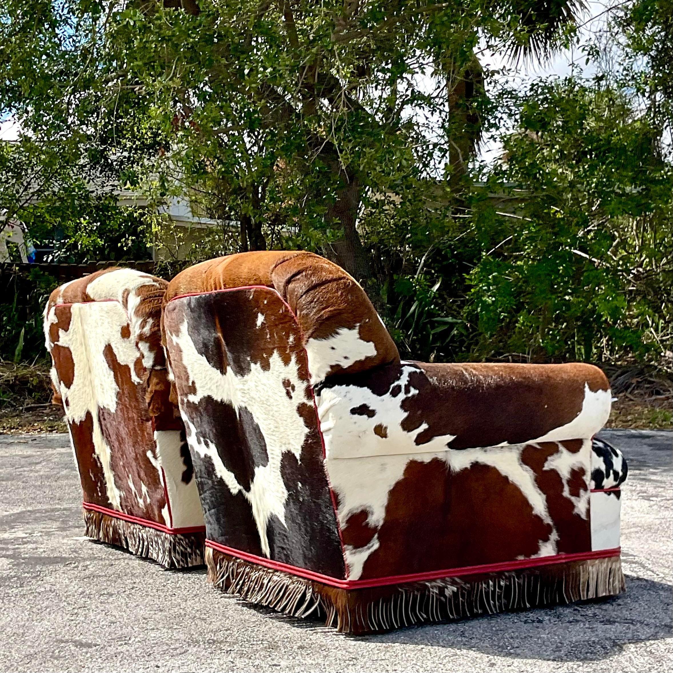 Vintage Boho Custom Cowhide Lounge Chairs - a Pair In Good Condition For Sale In west palm beach, FL