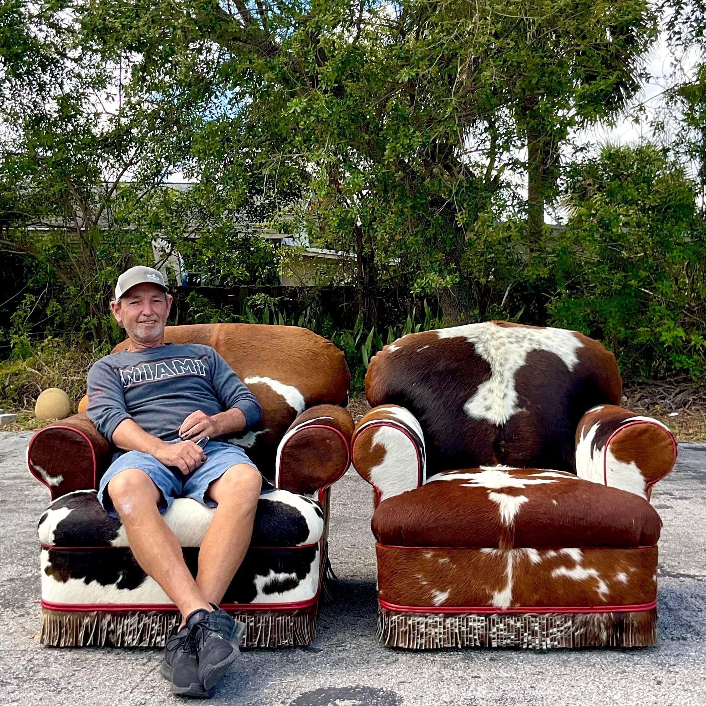 Contemporary Vintage Boho Custom Cowhide Lounge Chairs - a Pair For Sale