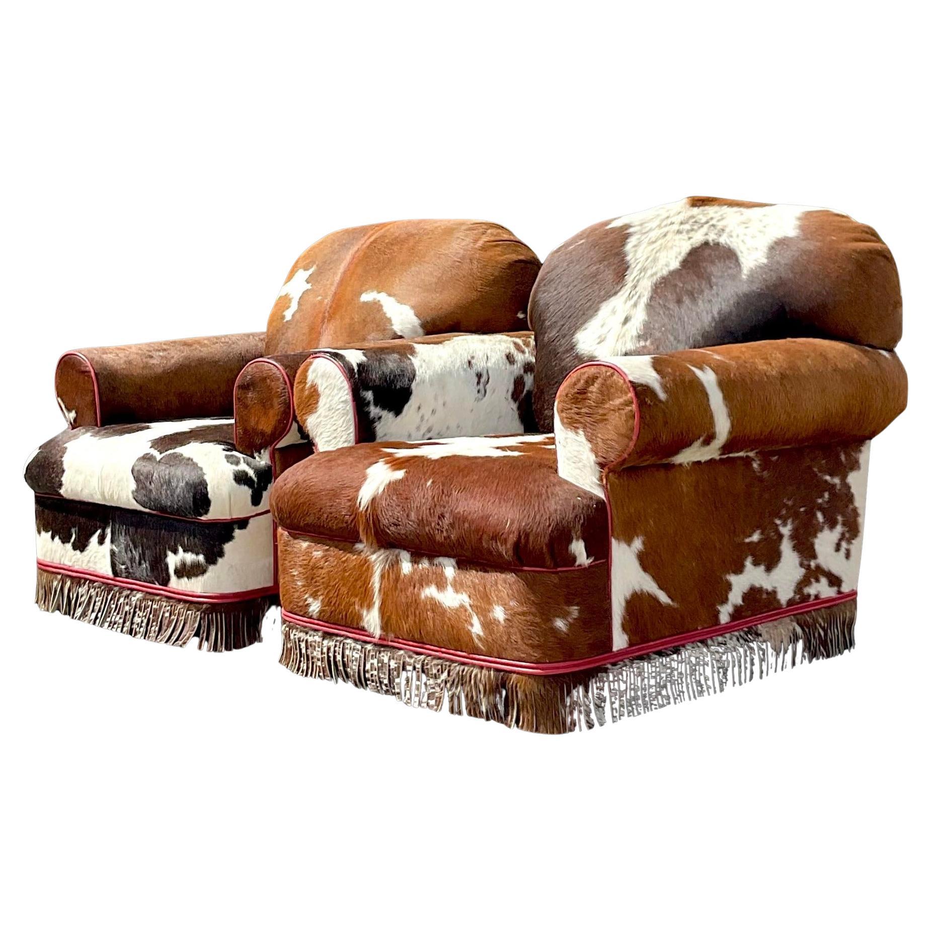 Vintage Boho Custom Cowhide Lounge Chairs - a Pair For Sale