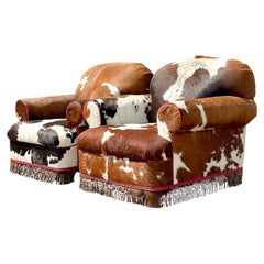Vintage Boho Custom Cowhide Lounge Chairs - a Pair