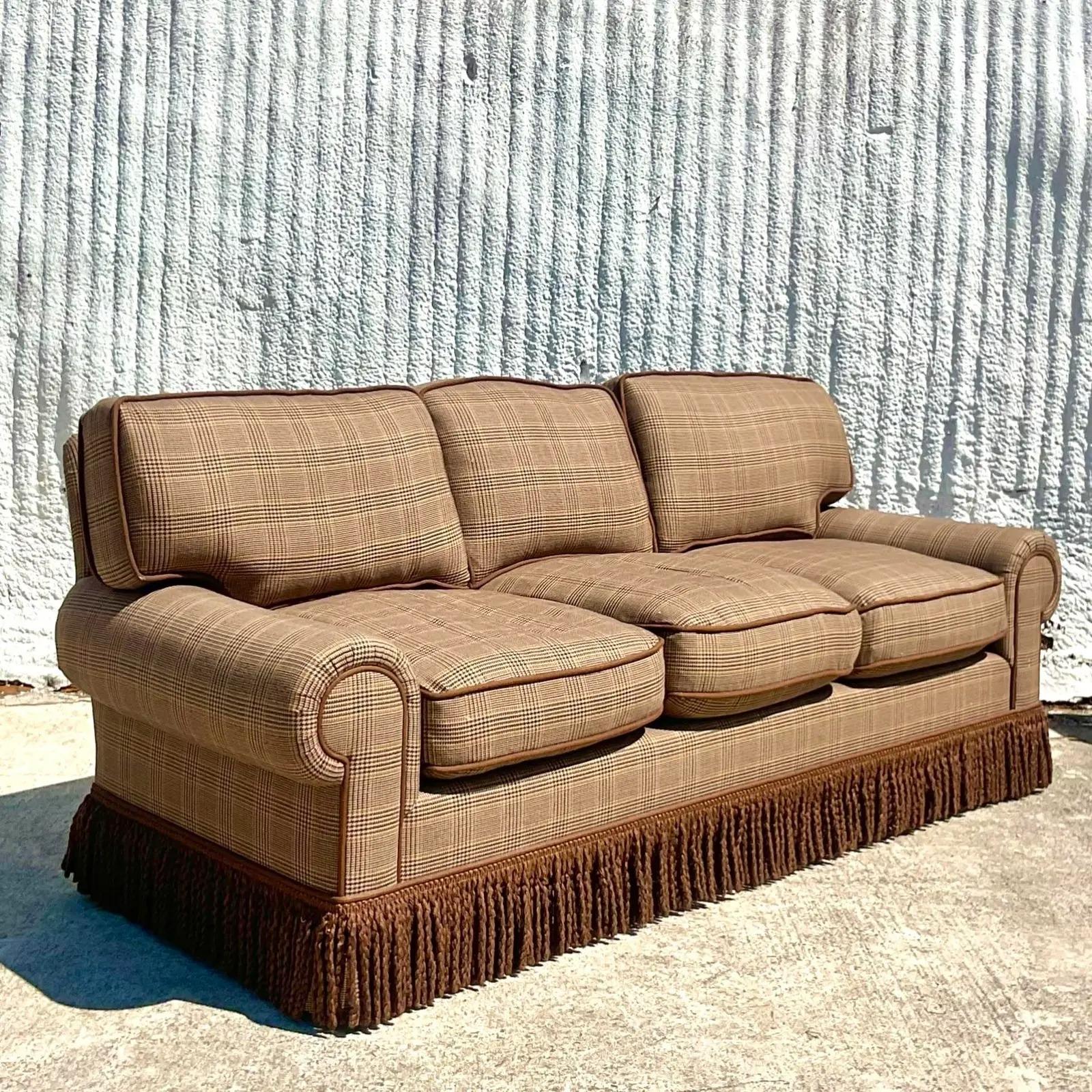 Vintage Boho Custom Down Filled Schumacher Glencheck Plaid Sofa In Good Condition In west palm beach, FL