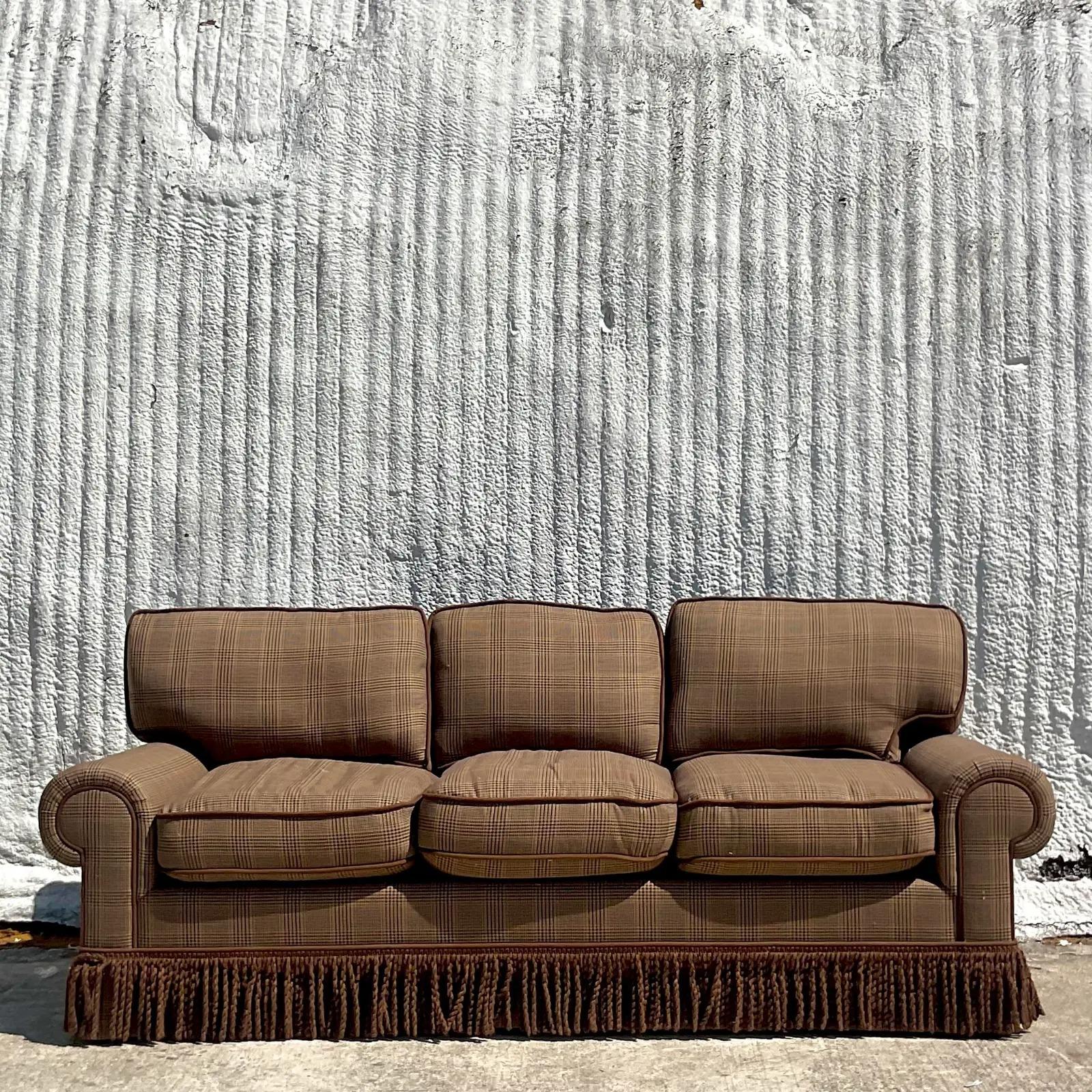 Wool Vintage Boho Custom Down Filled Schumacher Glencheck Plaid Sofa