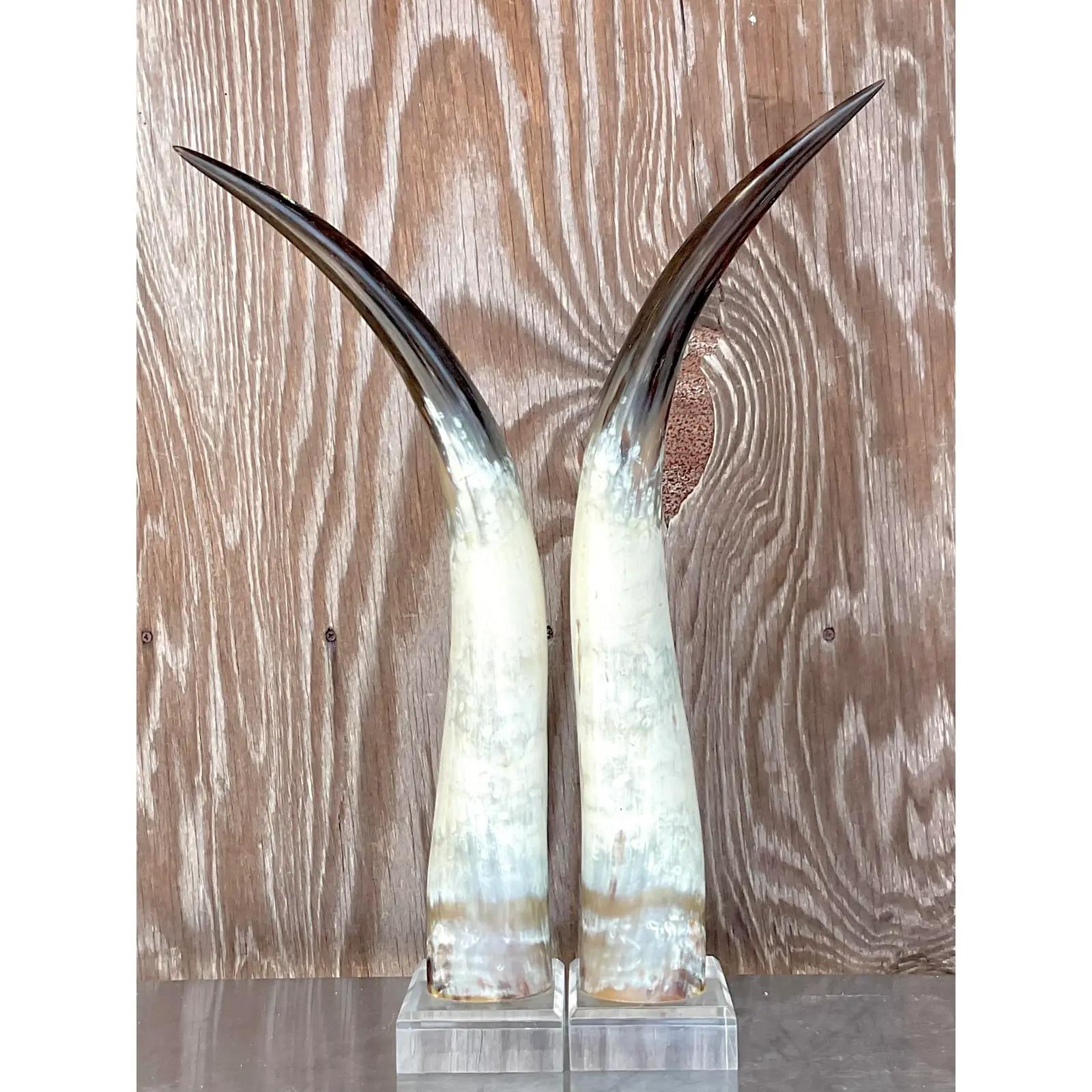 Vintage Boho Custom Horns on Lucite - a Pair In Good Condition For Sale In west palm beach, FL