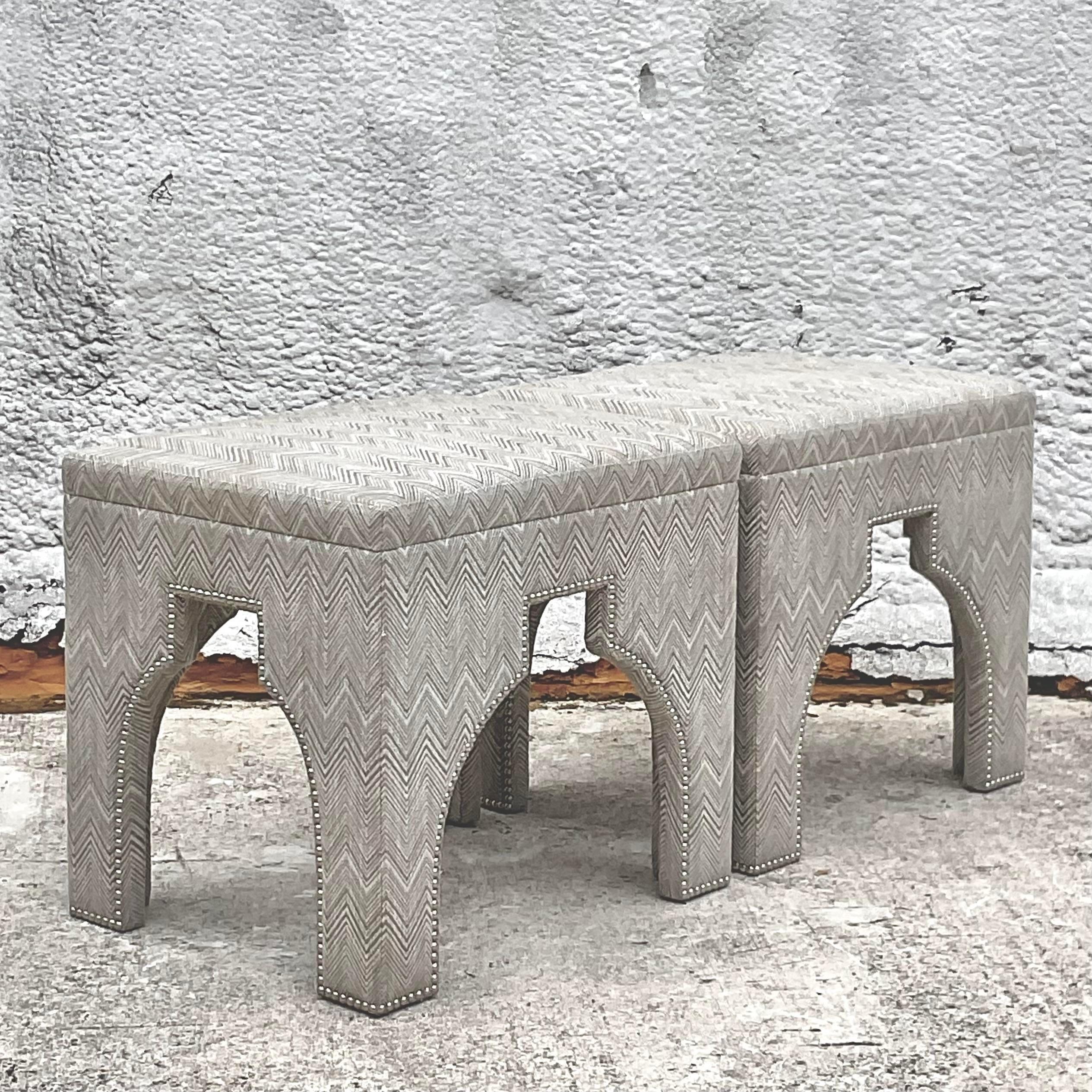 Mid-Century Modern Vintage Boho Custom Moorish Nailhead Ottoman -A Pair