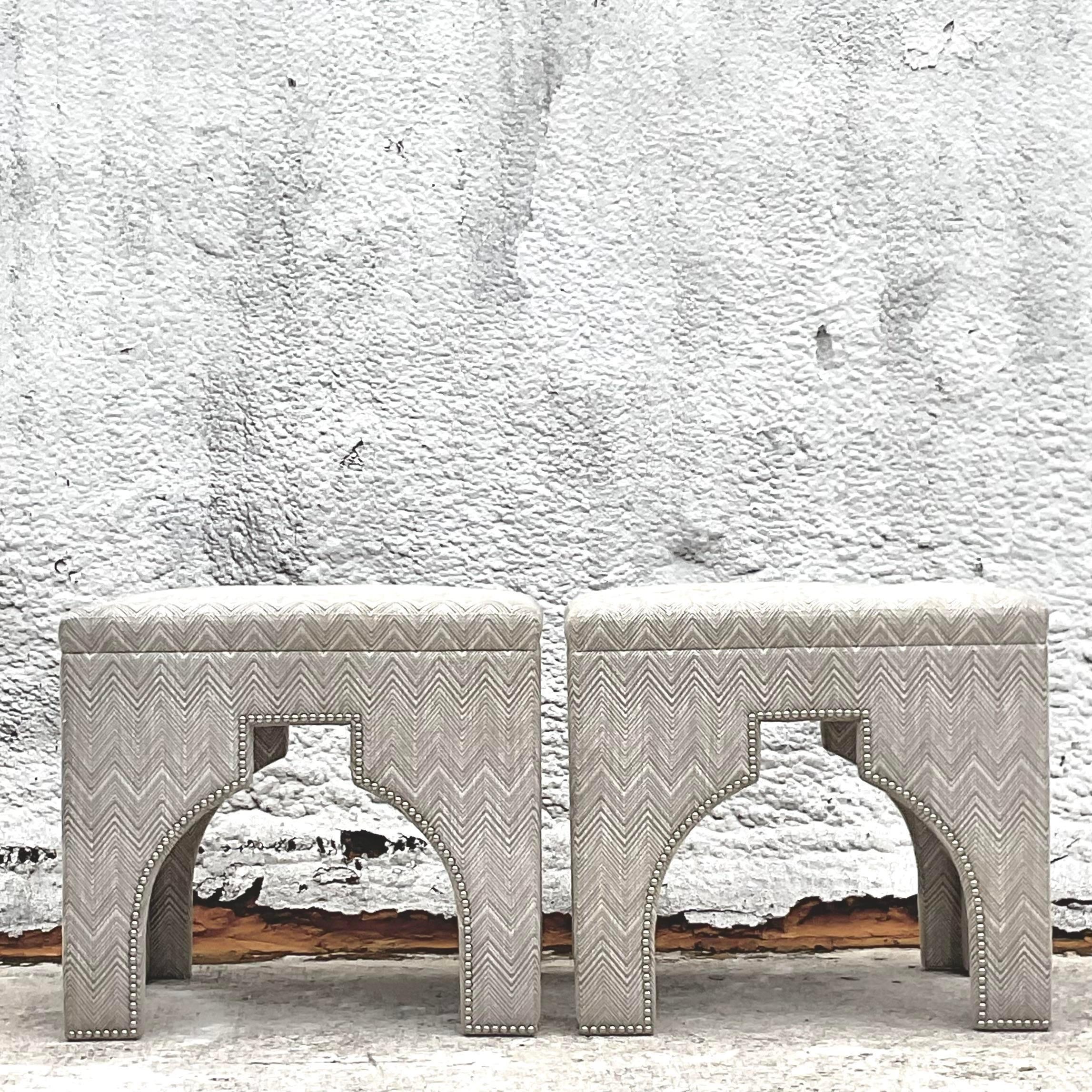Contemporary Vintage Boho Custom Moorish Nailhead Ottoman -A Pair
