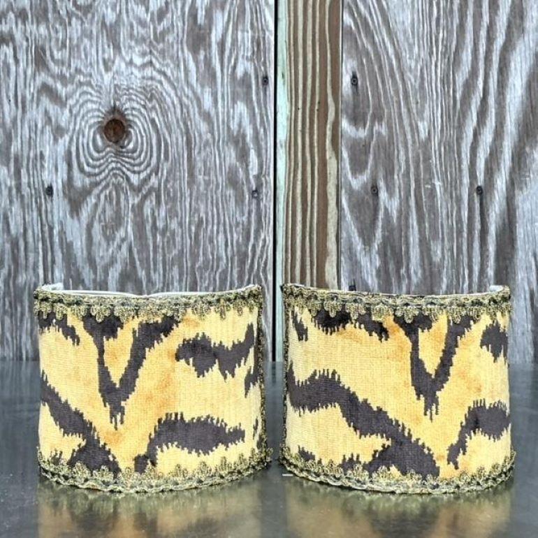 Elevate your lighting with these Vintage Boho Custom Scalamandré Half Shades. Designed with the luxurious craftsmanship of Scalamandré, these custom half shades feature intricate patterns and rich textures that bring an artistic, bohemian flair to