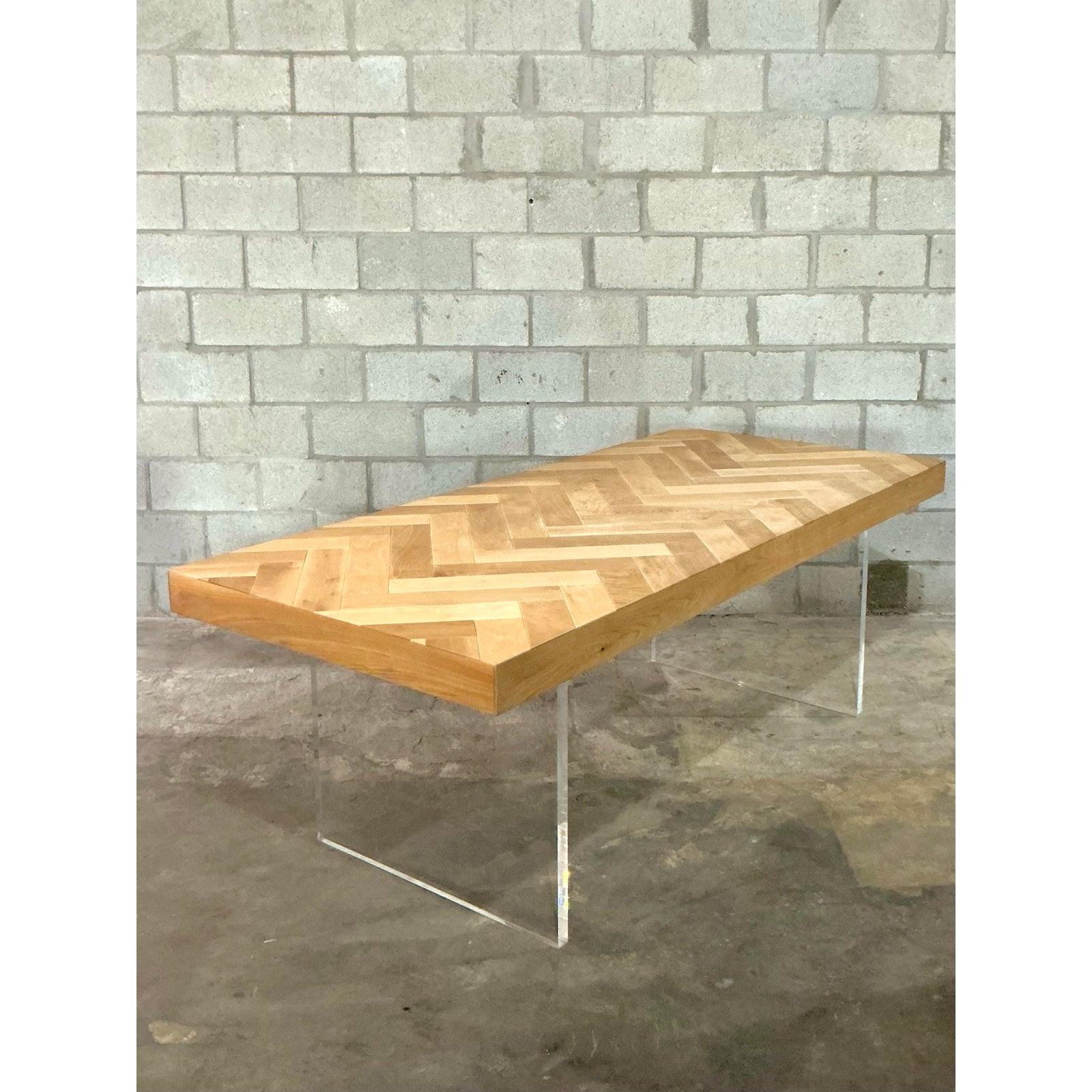 Vintage Boho Custom Slab Lucite and Chevron Wood Dining Table 5