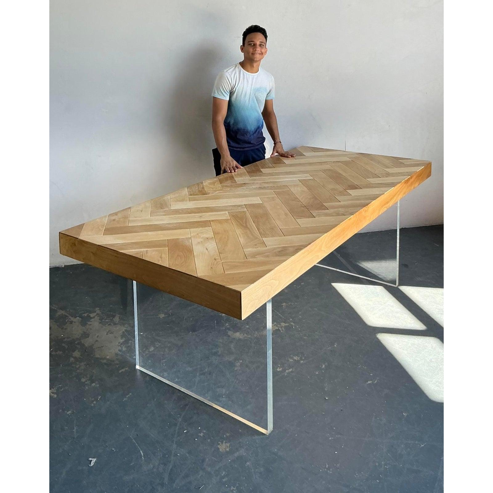 Vintage Boho Custom Slab Lucite and Chevron Wood Dining Table 6