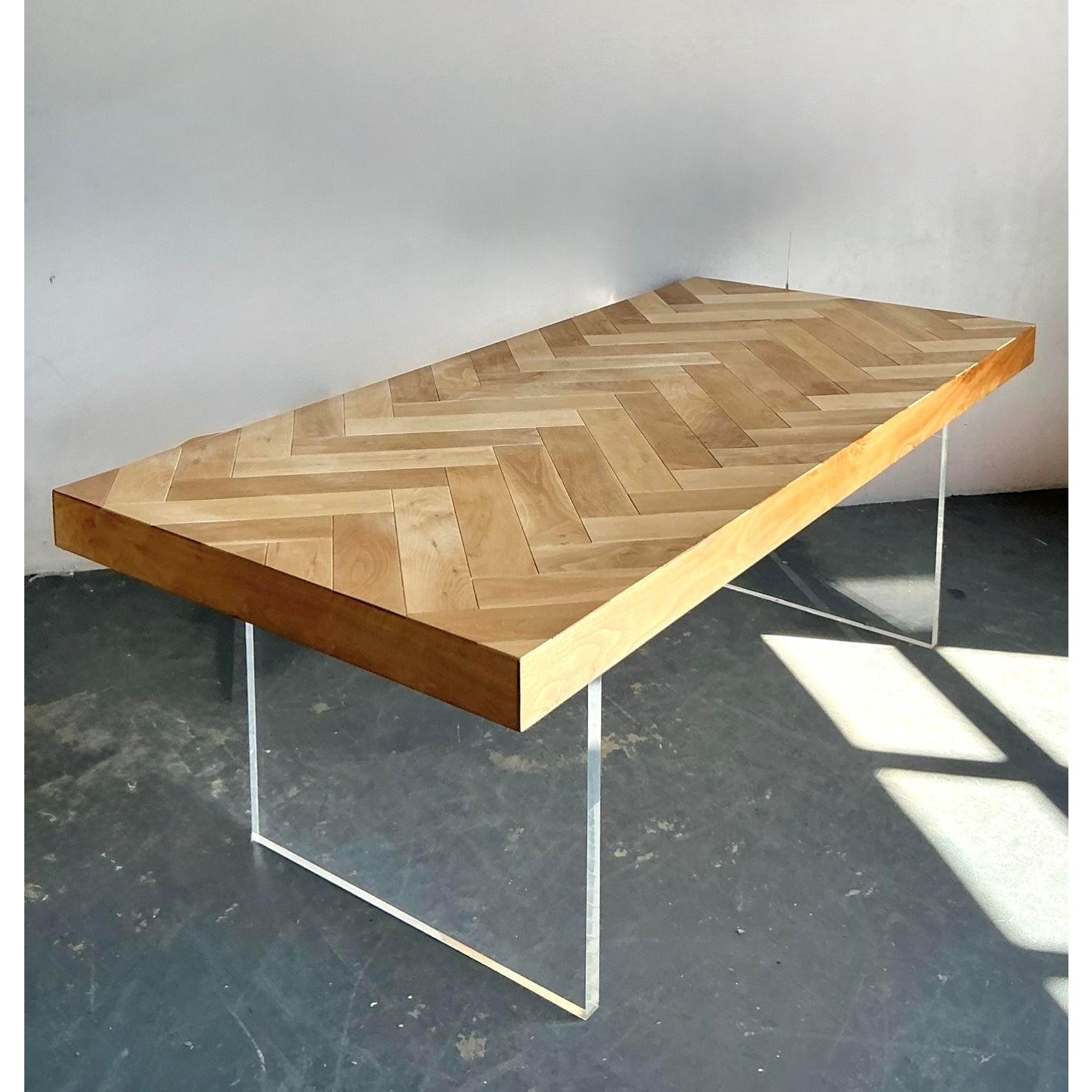 Minimalist Vintage Boho Custom Slab Lucite and Chevron Wood Dining Table