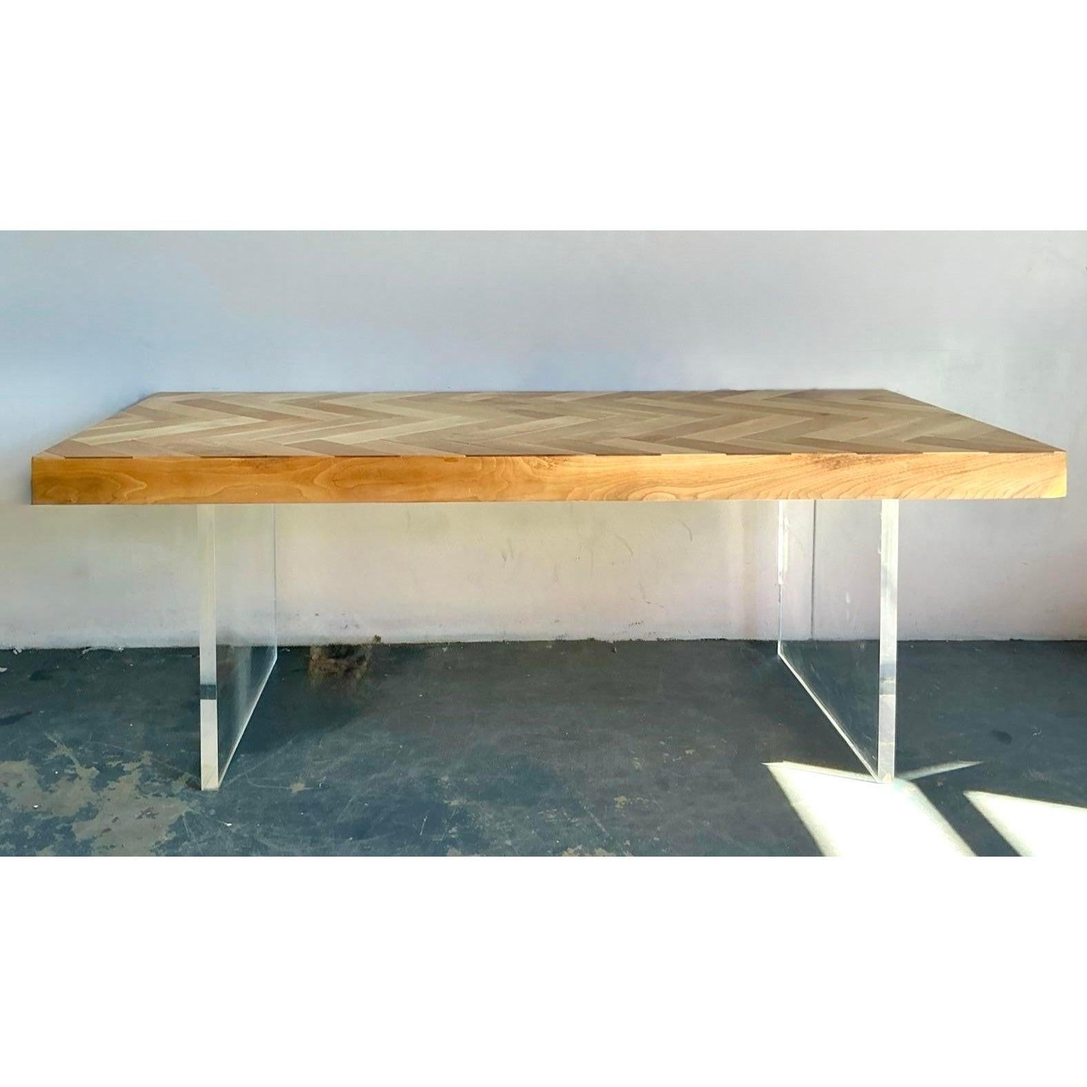 American Vintage Boho Custom Slab Lucite and Chevron Wood Dining Table