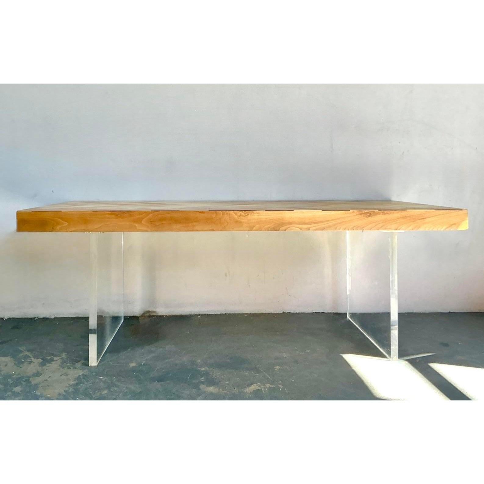 Vintage Boho Custom Slab Lucite and Chevron Wood Dining Table In Good Condition In West Palm Beach, FL