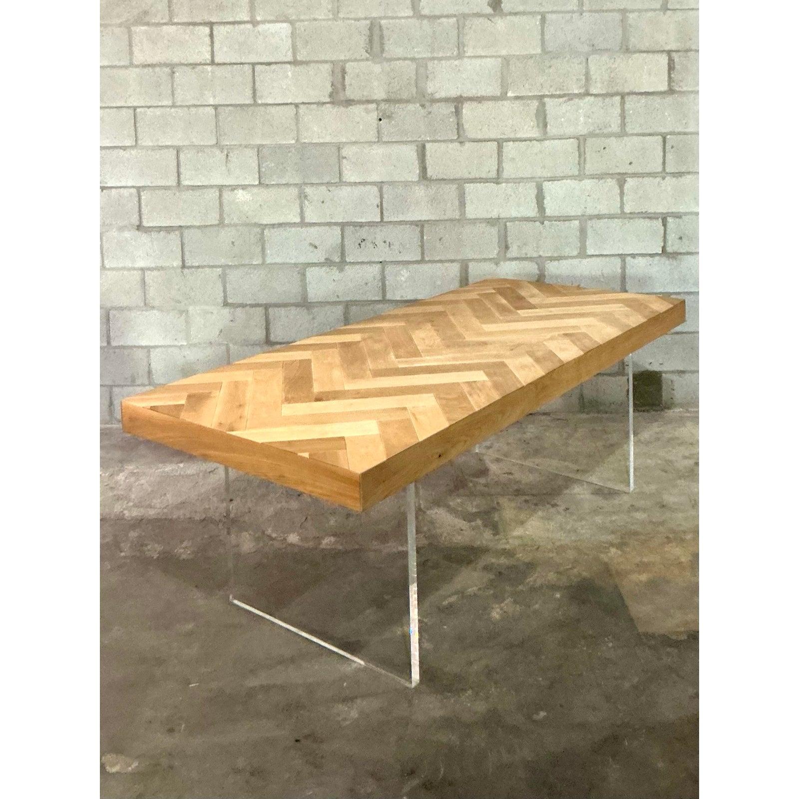 Vintage Boho Custom Slab Lucite and Chevron Wood Dining Table 1