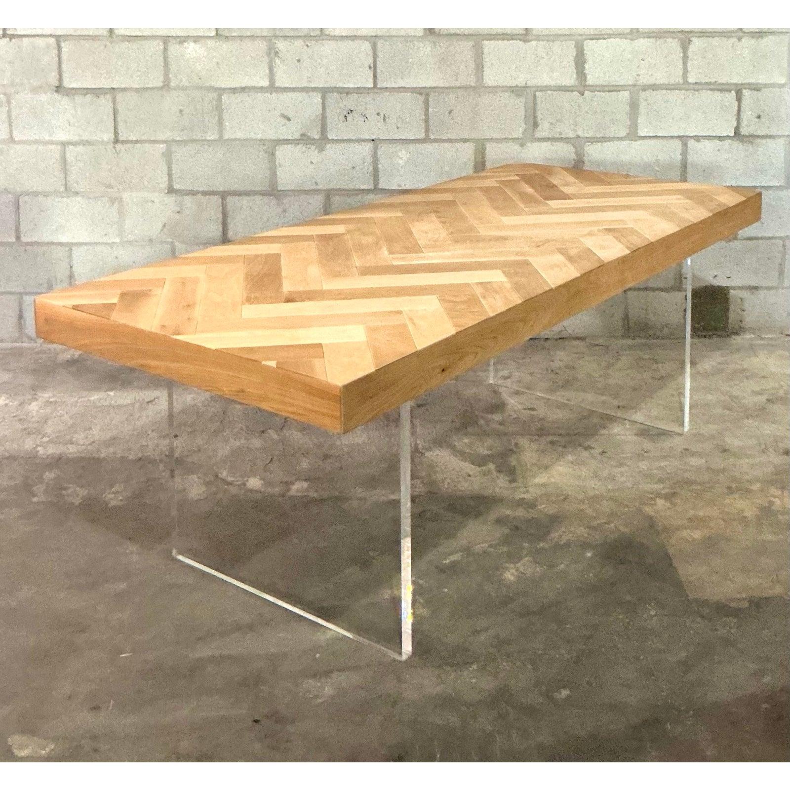 Vintage Boho Custom Slab Lucite and Chevron Wood Dining Table 2