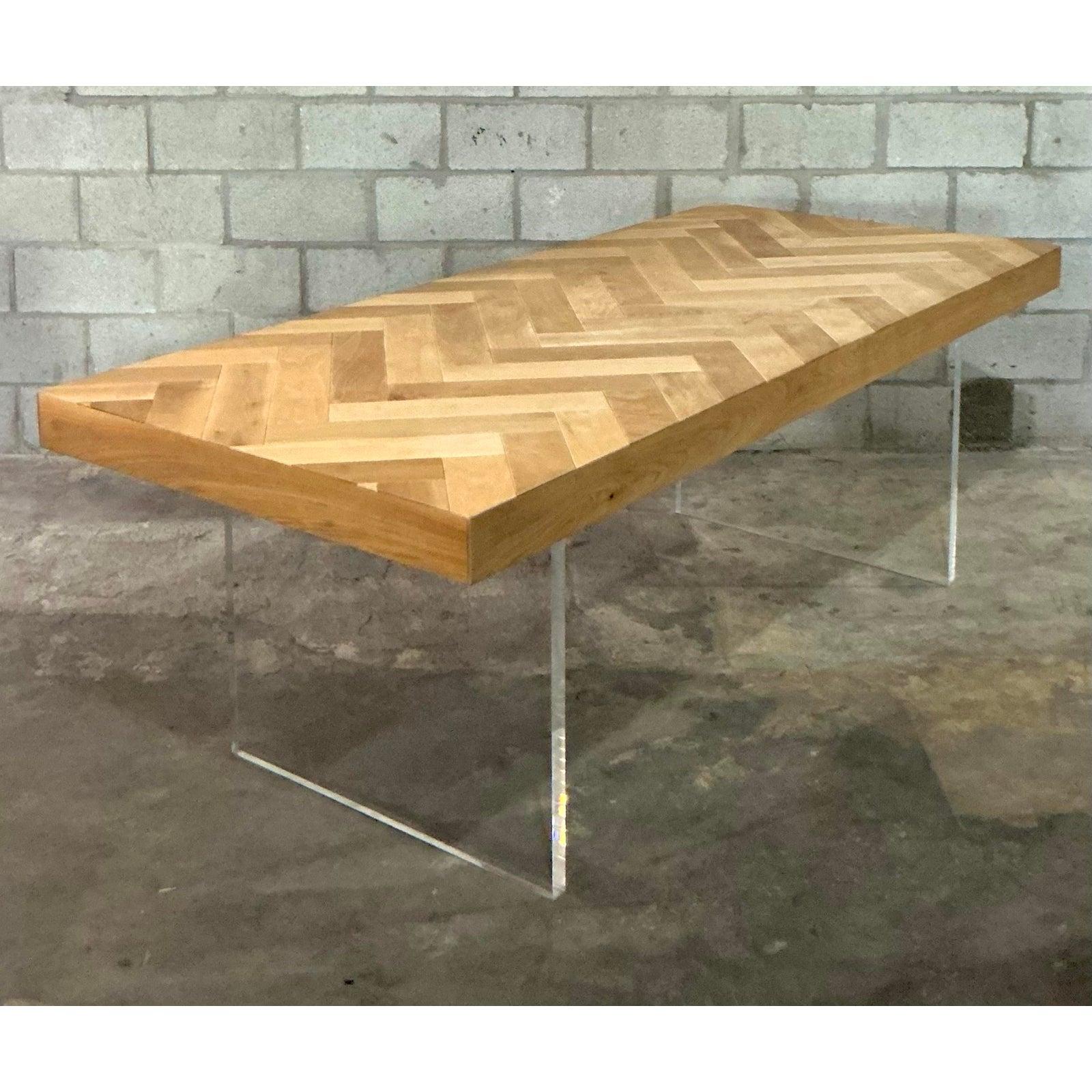 Vintage Boho Custom Slab Lucite and Chevron Wood Dining Table 3