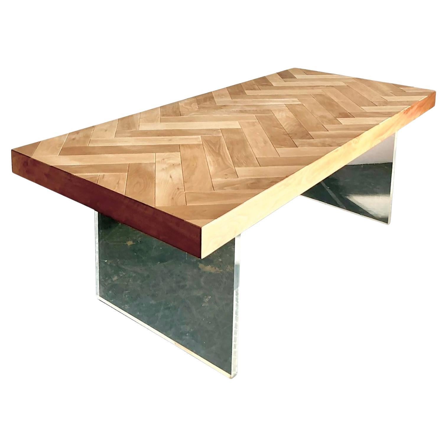 Vintage Boho Custom Slab Lucite and Chevron Wood Dining Table