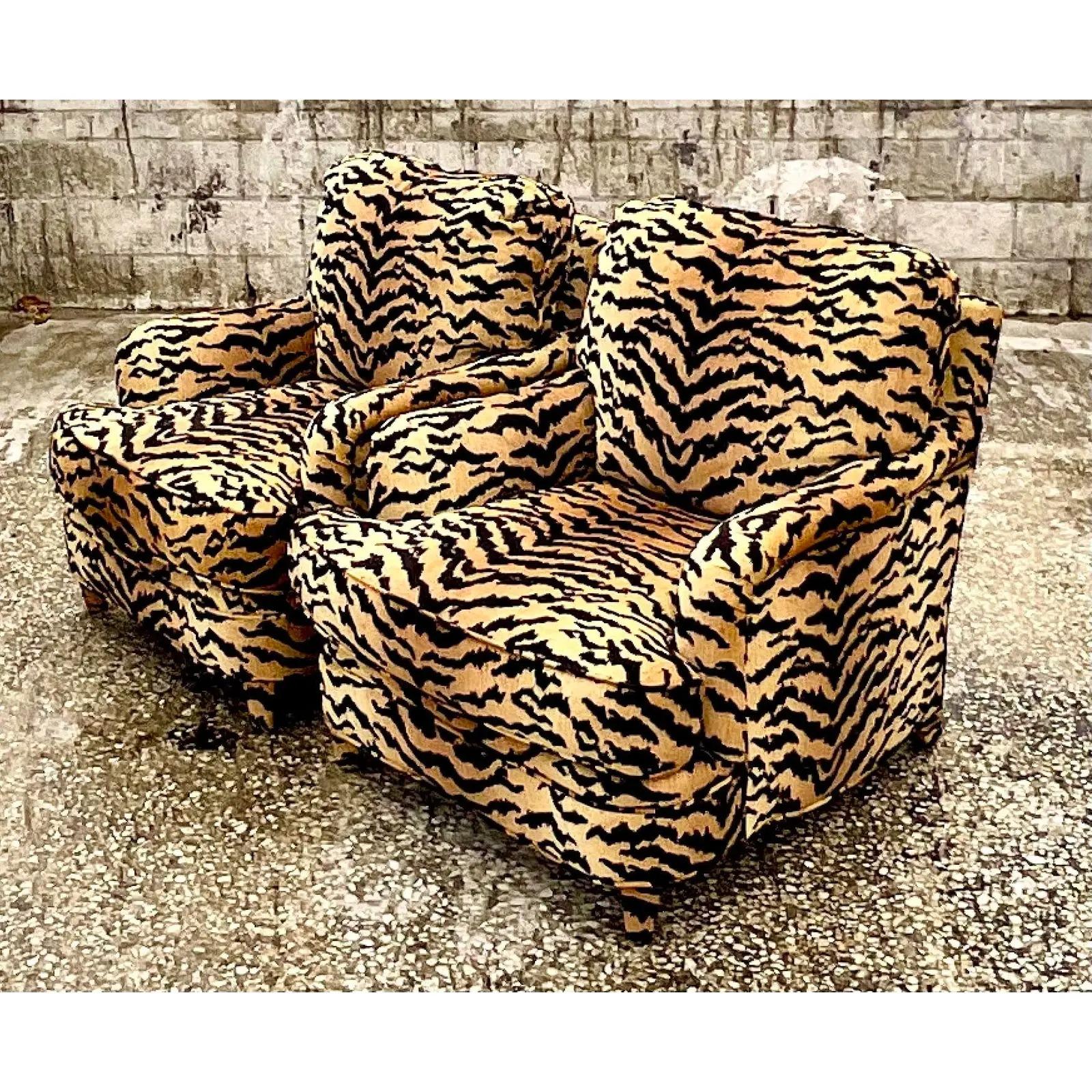 North American Vintage Boho Custom Tiger Striped Devore Club Chairs - a Pair