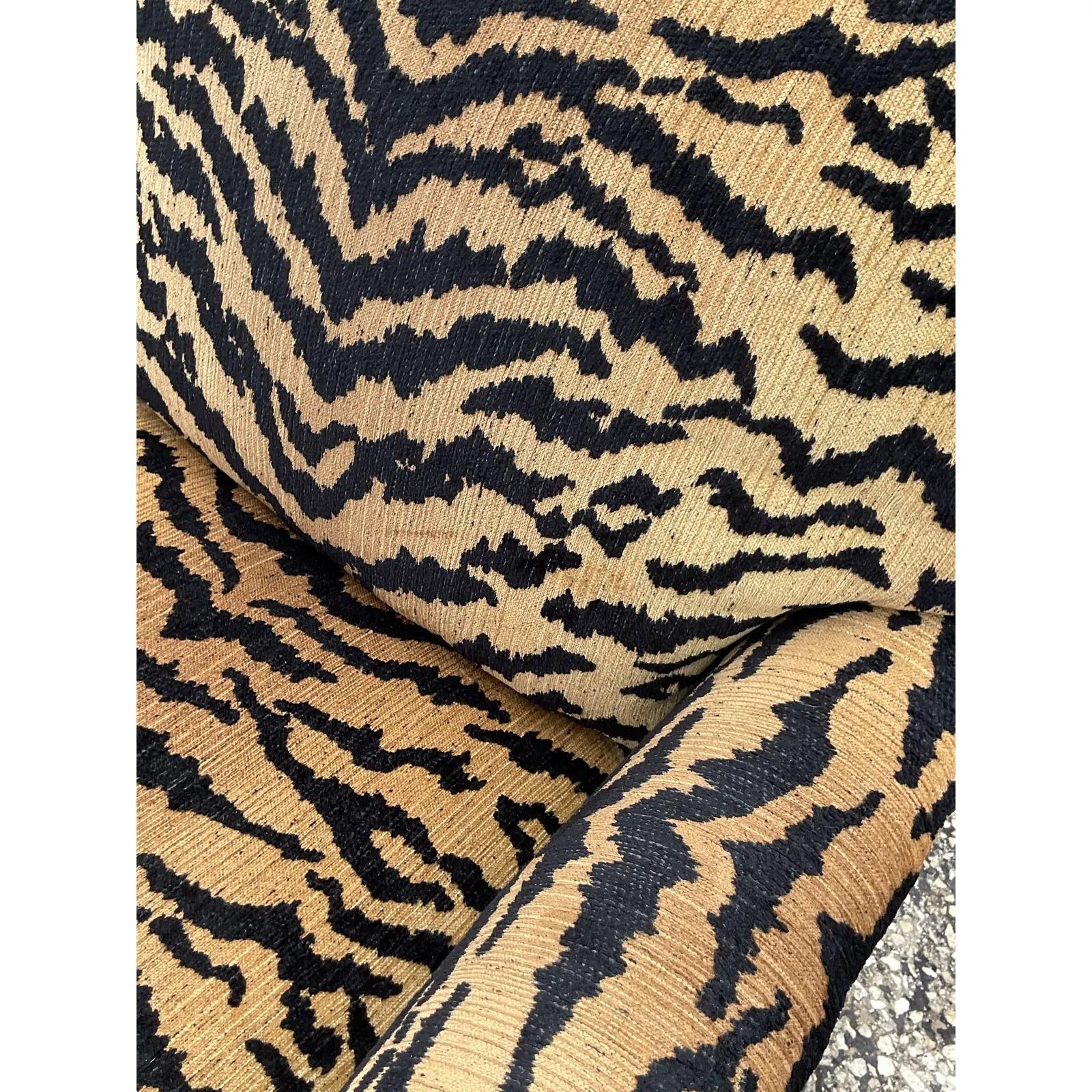 North American Vintage Boho Custom Tiger Striped Devore Club Chairs - a Pair