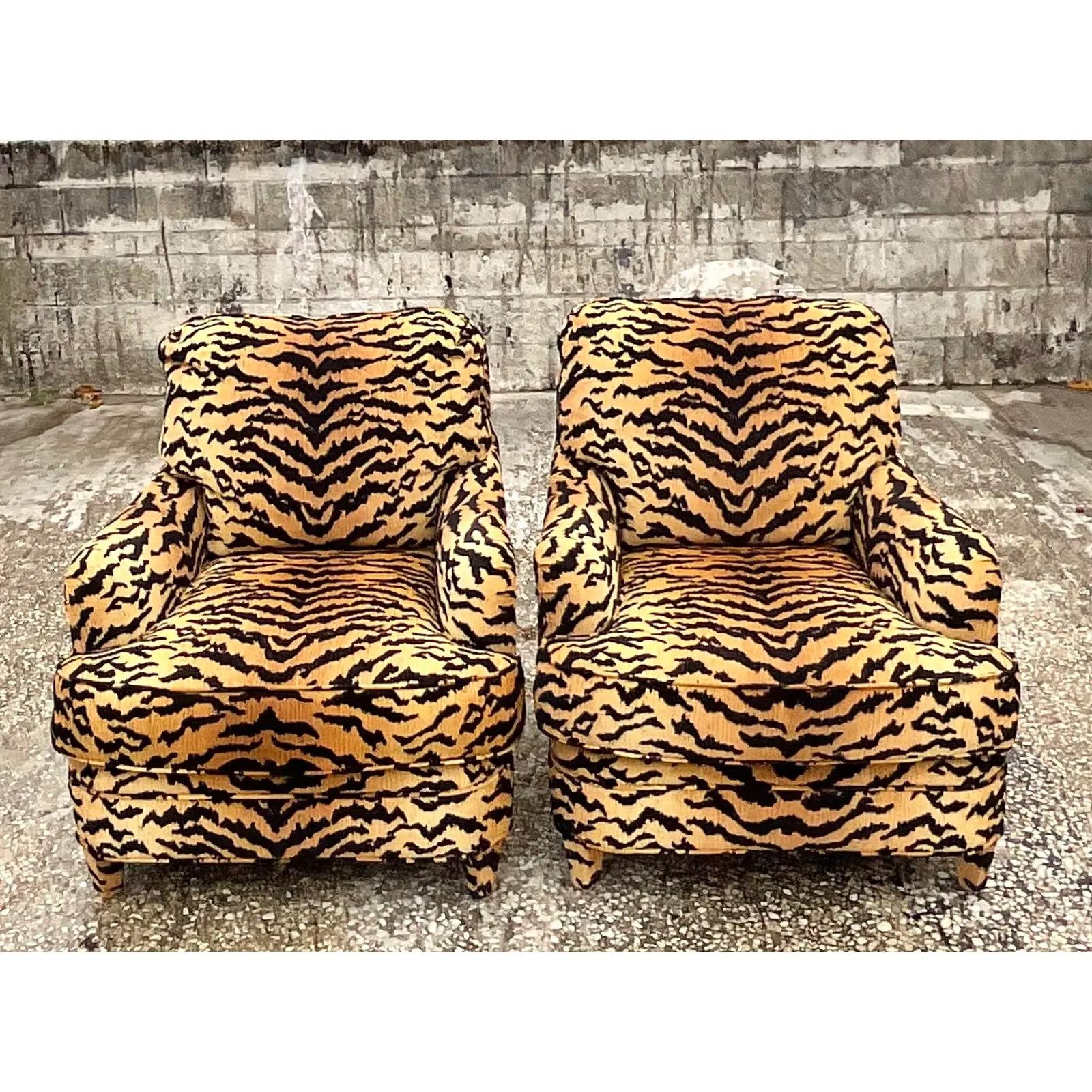 Vintage Boho Custom Tiger Striped Devore Club Chairs - a Pair In Good Condition In west palm beach, FL