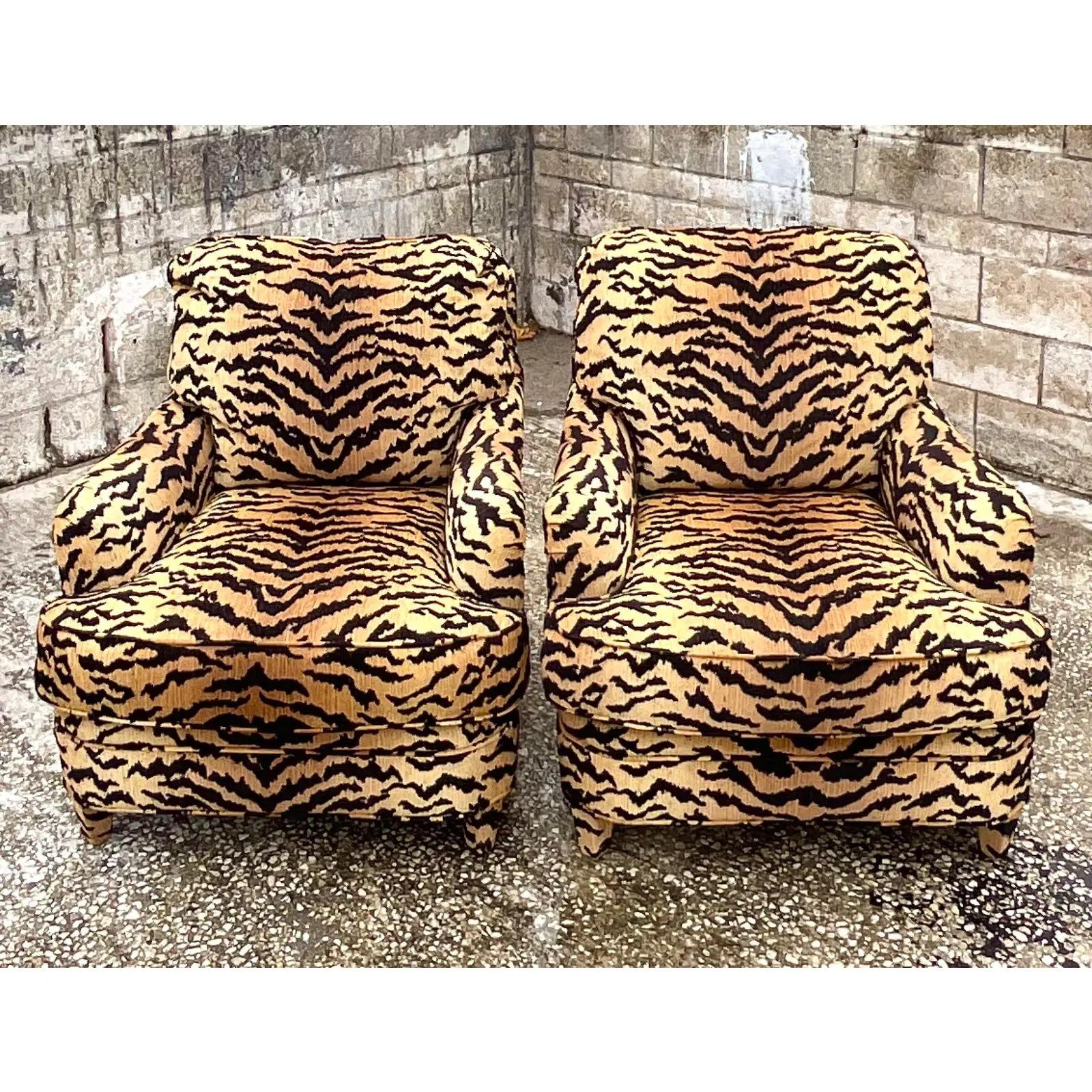 Fabric Vintage Boho Custom Tiger Striped Devore Club Chairs - a Pair